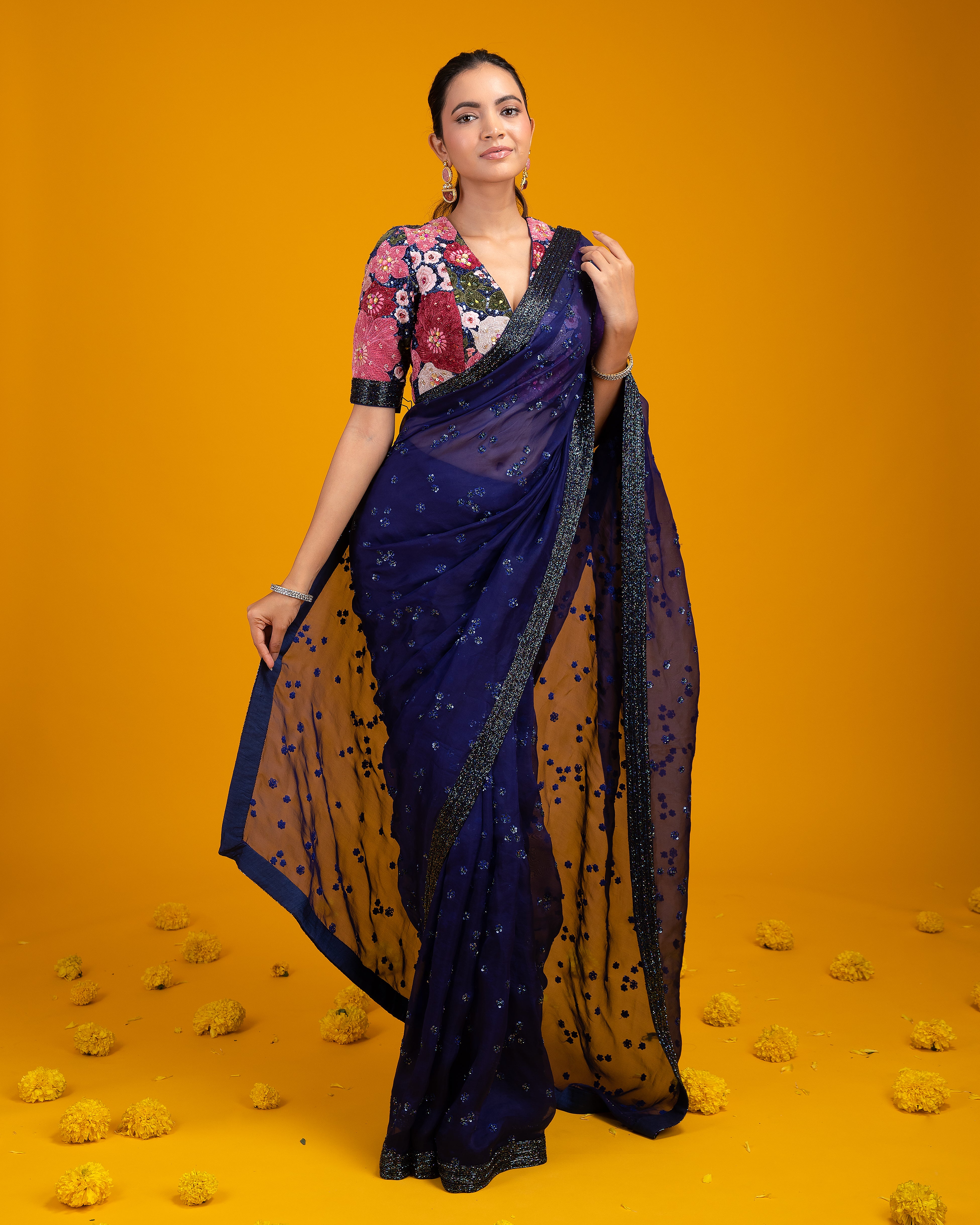 Navy Blue Sequined Organza Saree - Mokshaa