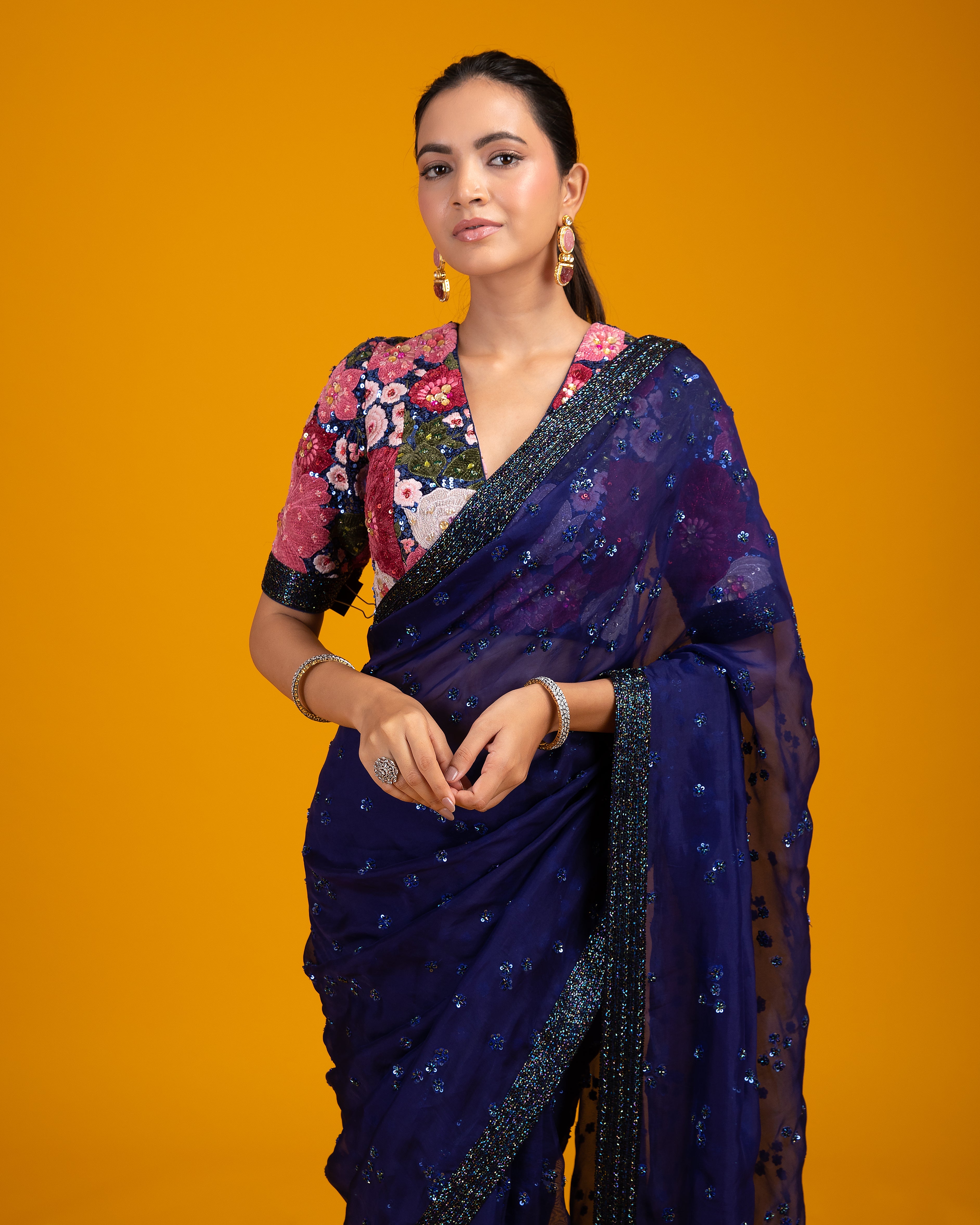 Navy Blue Sequined Organza Saree - Mokshaa