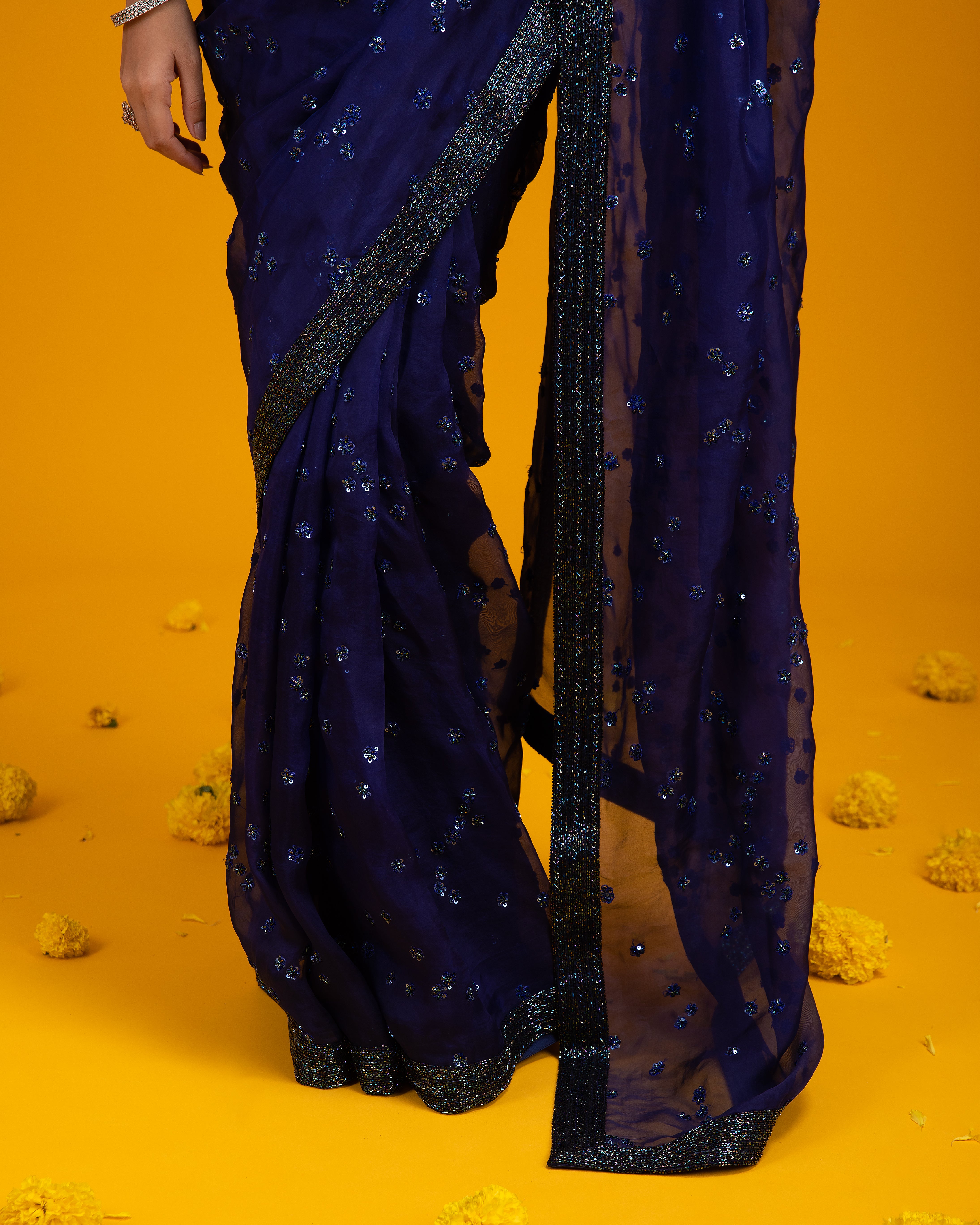 Navy Blue Sequined Organza Saree - Mokshaa