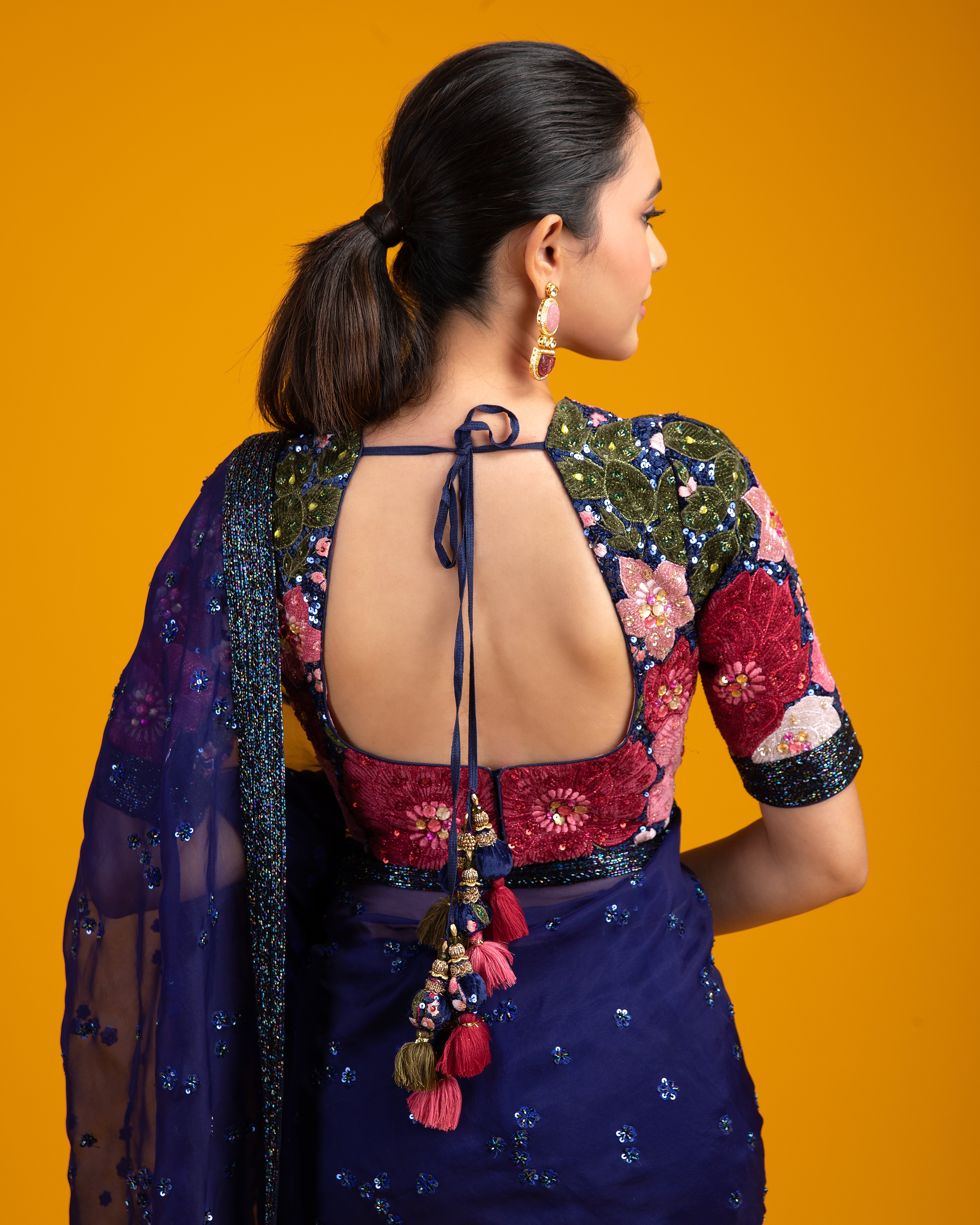 Navy Blue Sequined Organza Saree - Mokshaa