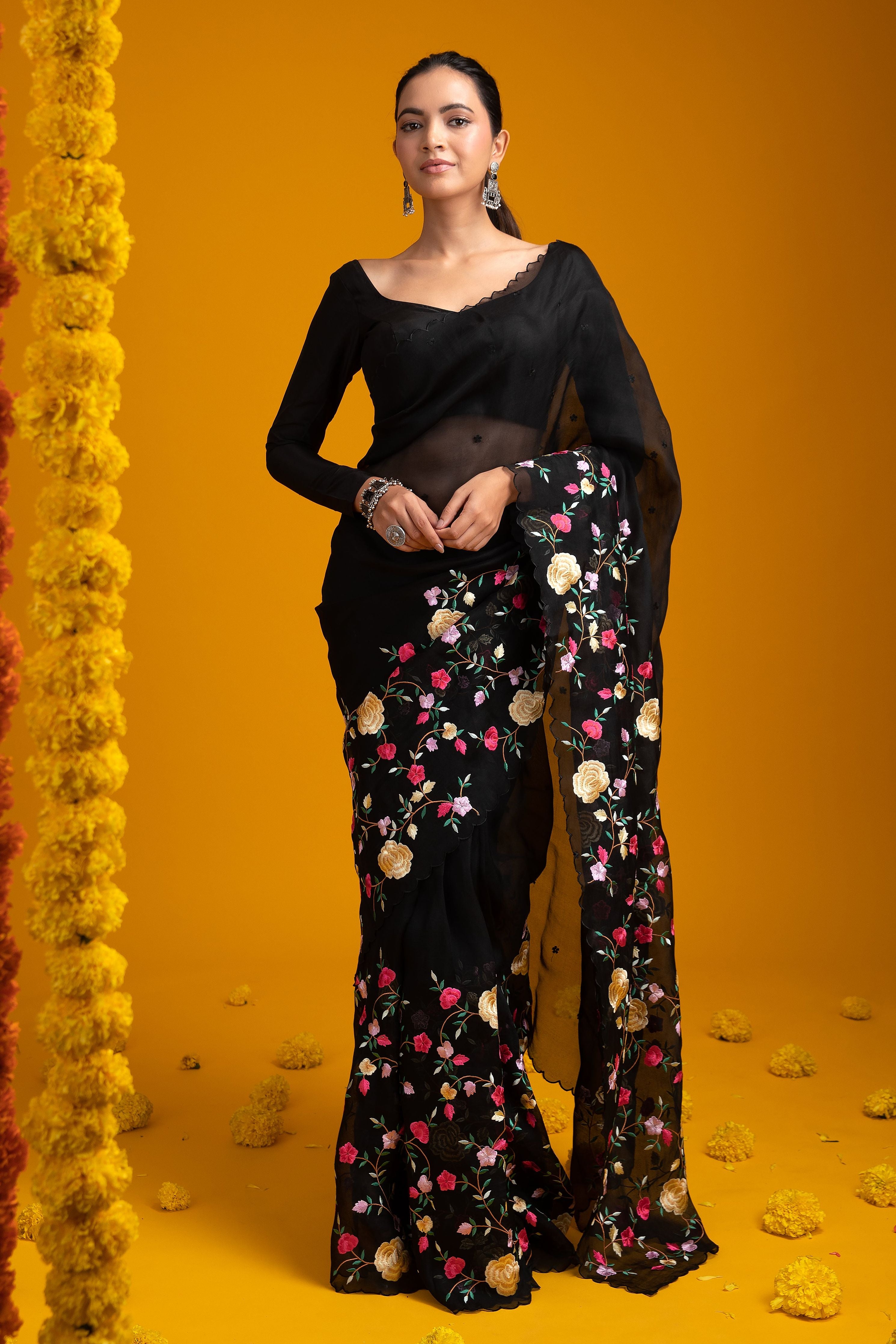 Black Organza Saree with Vibrant Floral Embroidery - Mokshaa