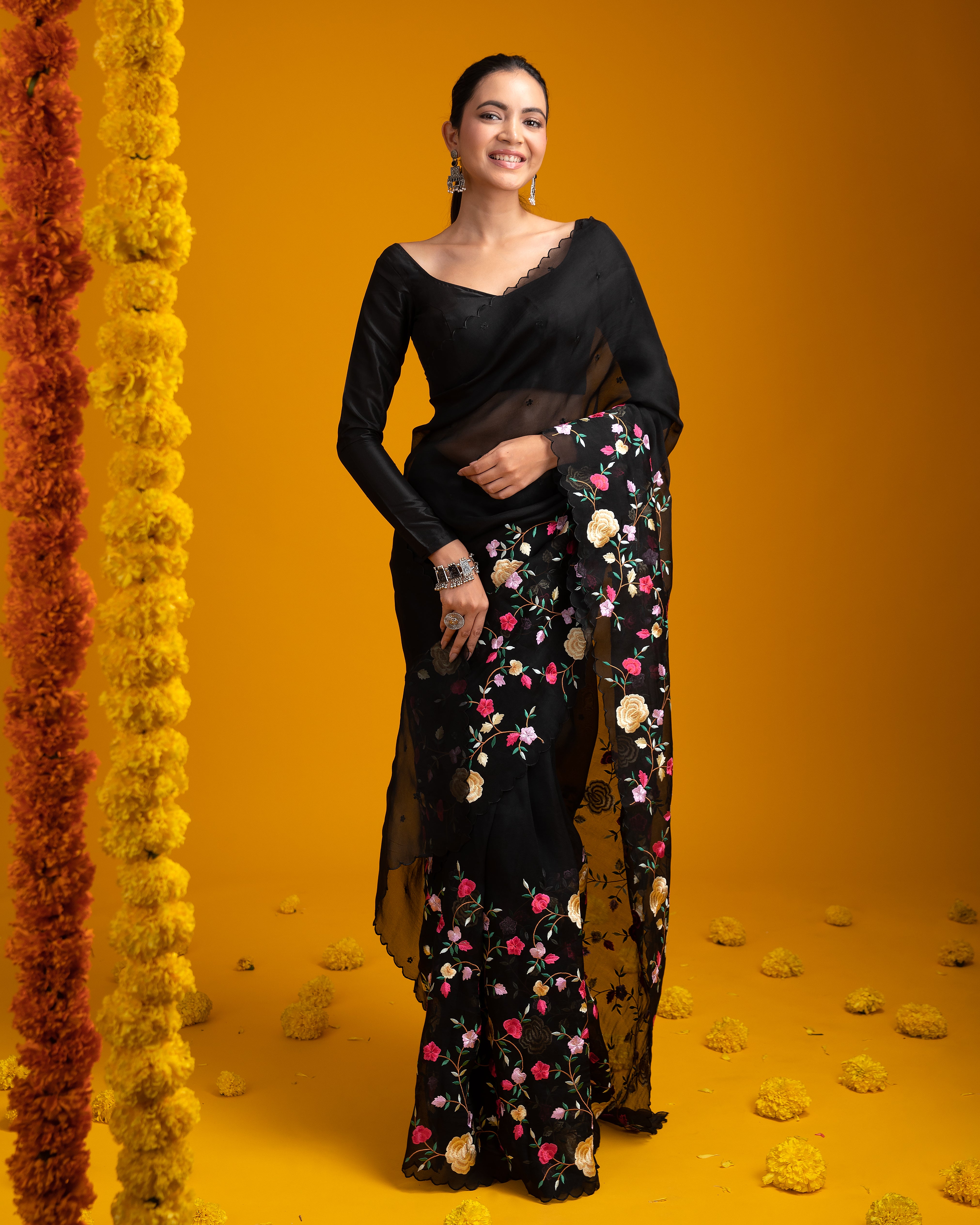 Black Organza Saree with Vibrant Floral Embroidery - Mokshaa