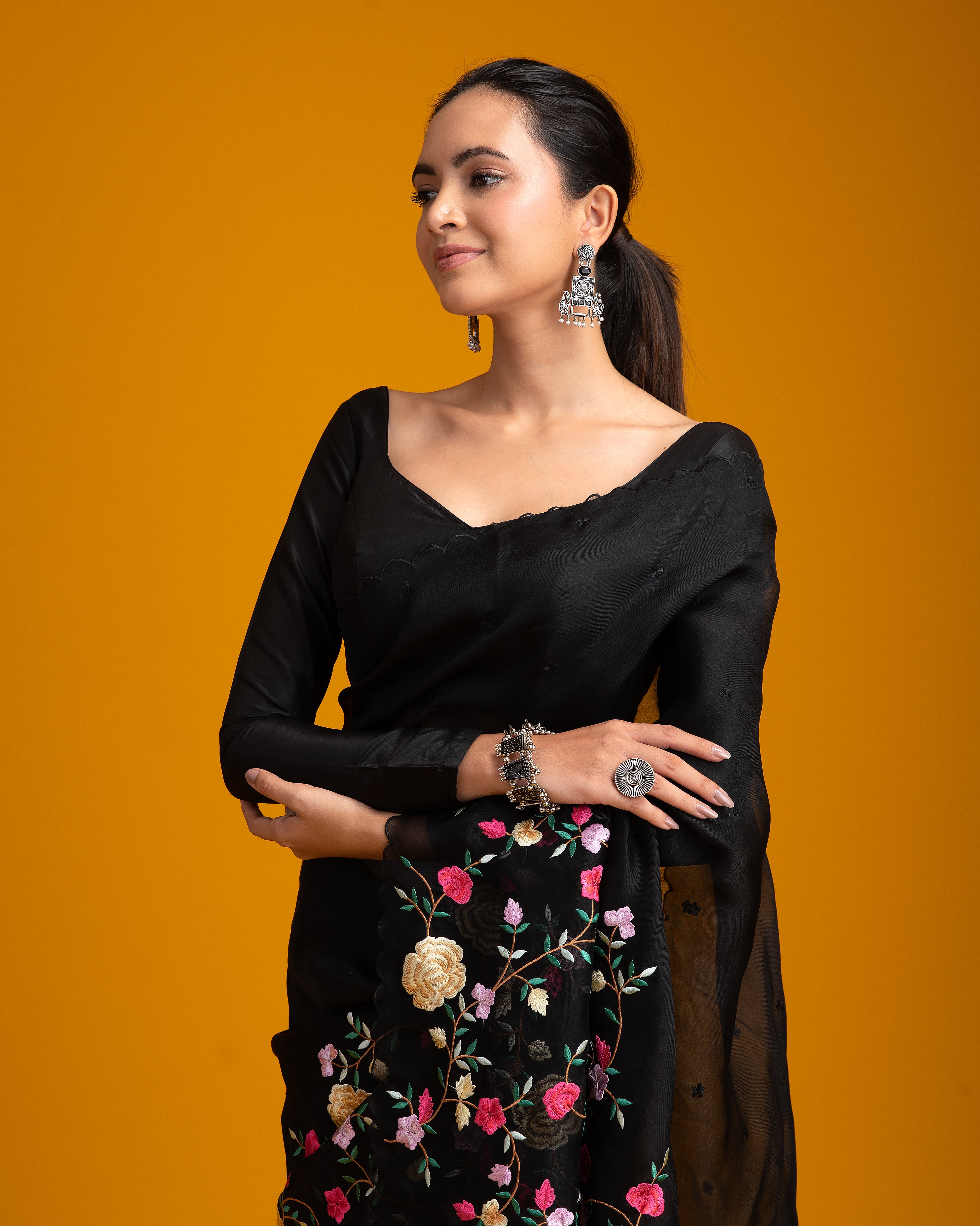 Black Organza Saree with Vibrant Floral Embroidery - Mokshaa