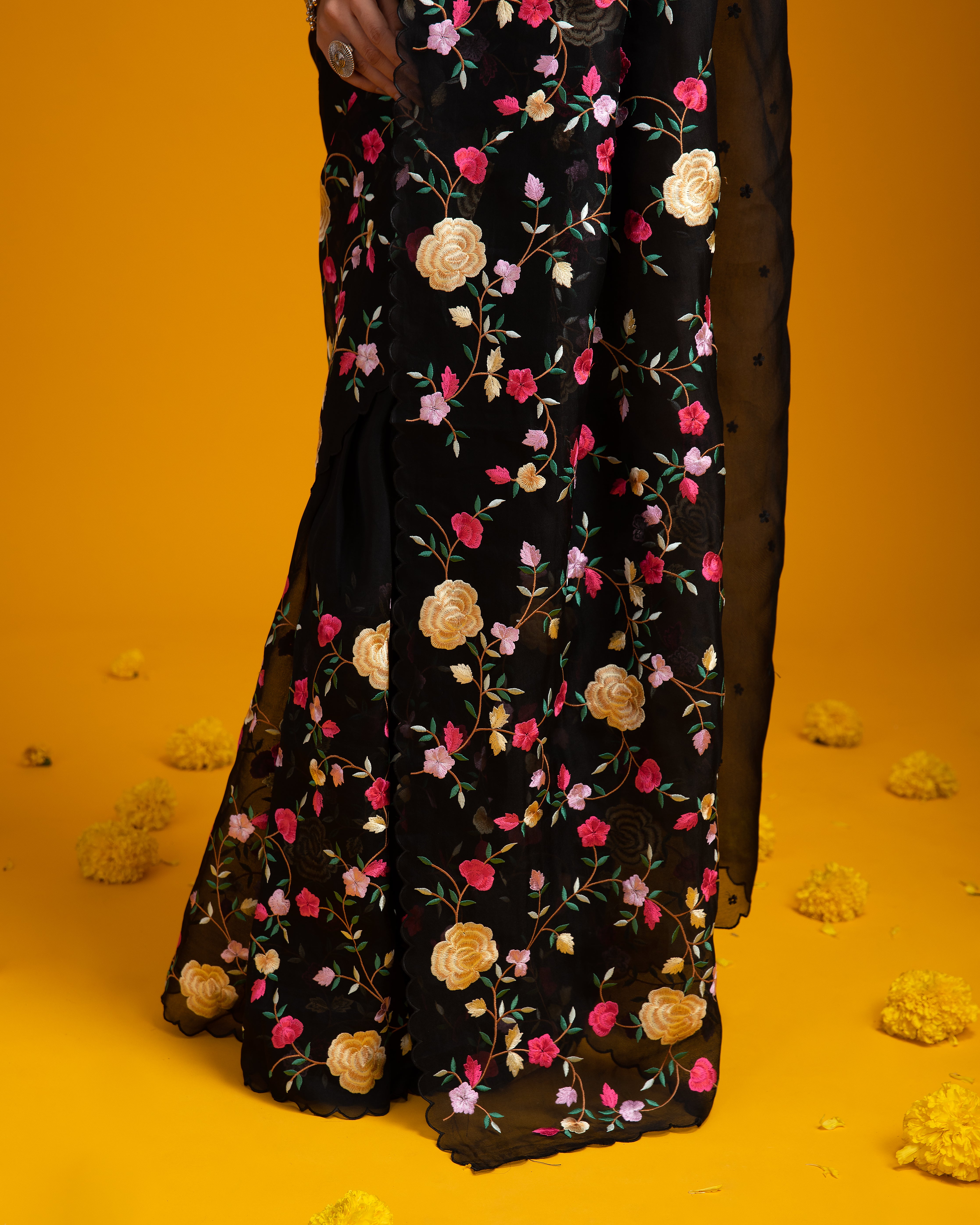 Black Organza Saree with Vibrant Floral Embroidery - Mokshaa