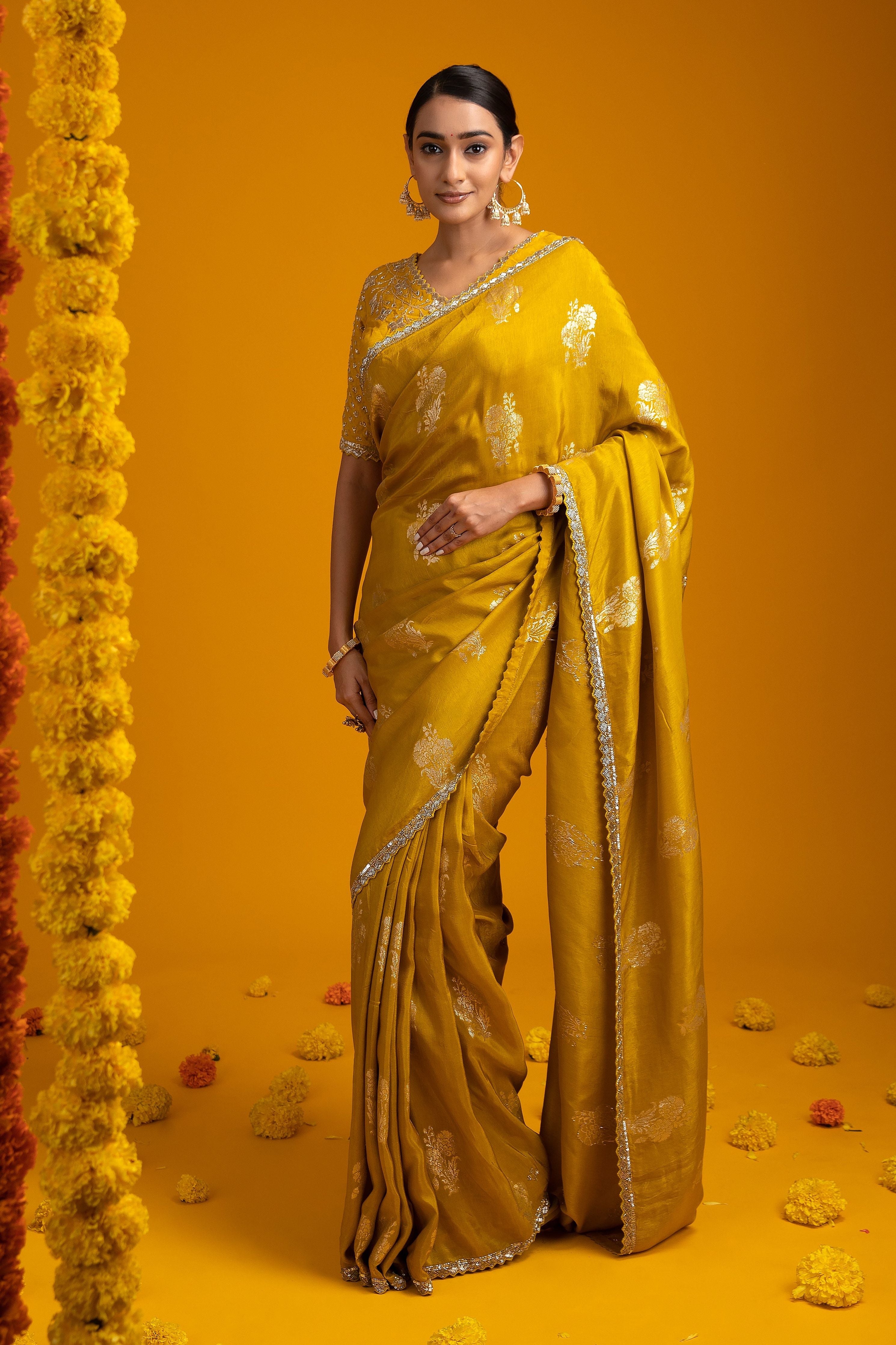 Mustard Yellow Georgette Saree with Zari Work - Mokshaa