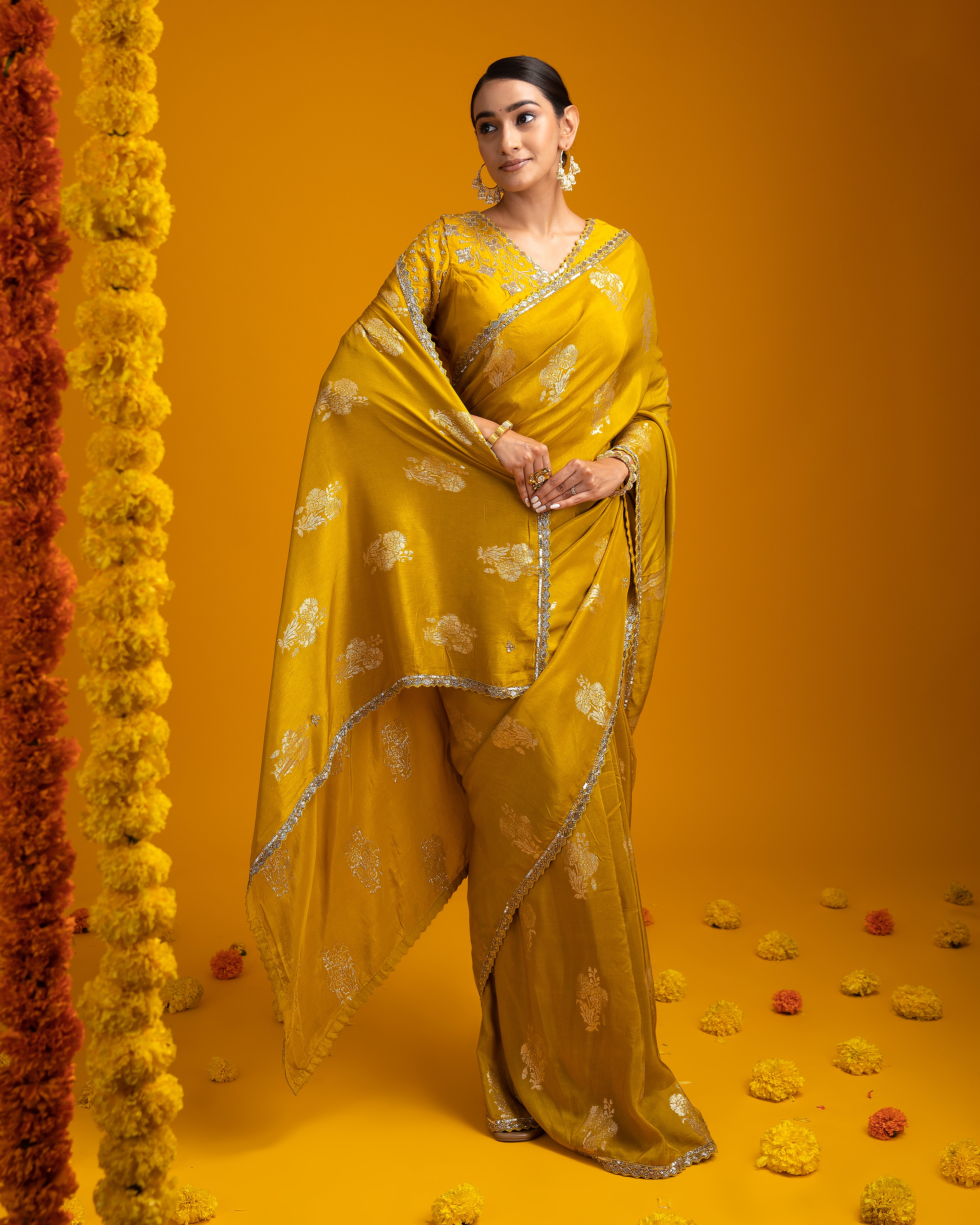 Mustard Yellow Georgette Saree with Zari Work - Mokshaa