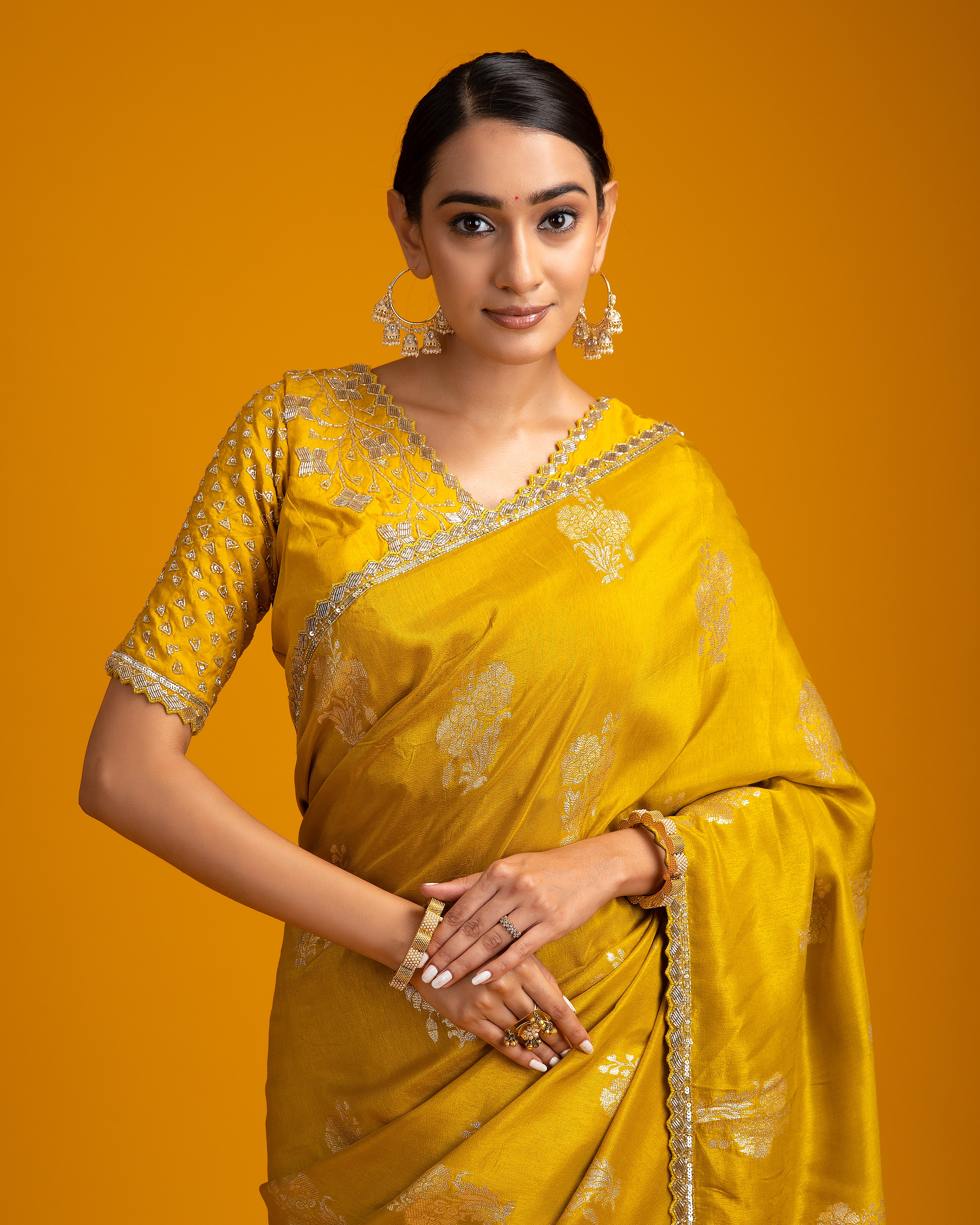 Mustard Yellow Georgette Saree with Zari Work - Mokshaa