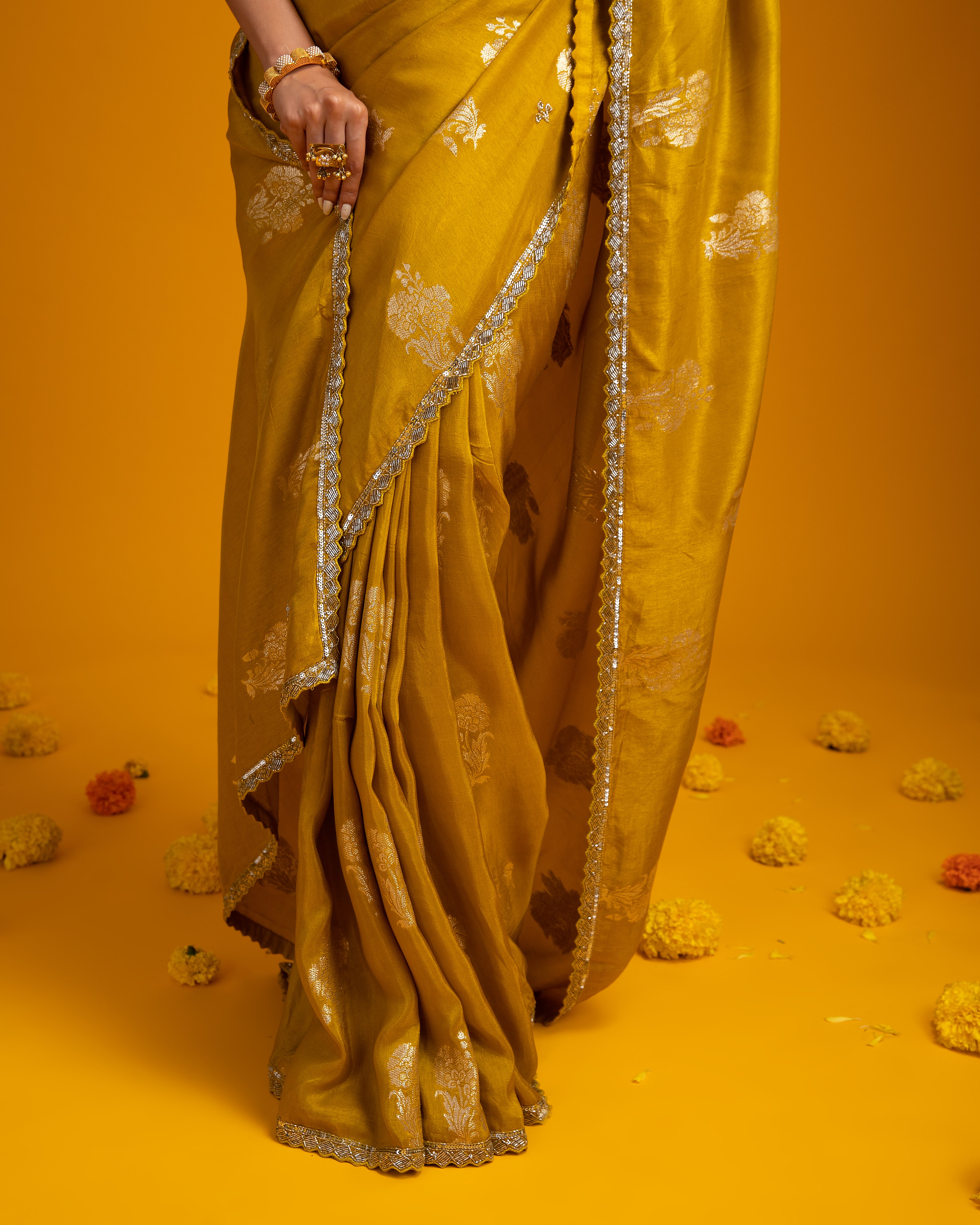 Mustard Yellow Georgette Saree with Zari Work - Mokshaa