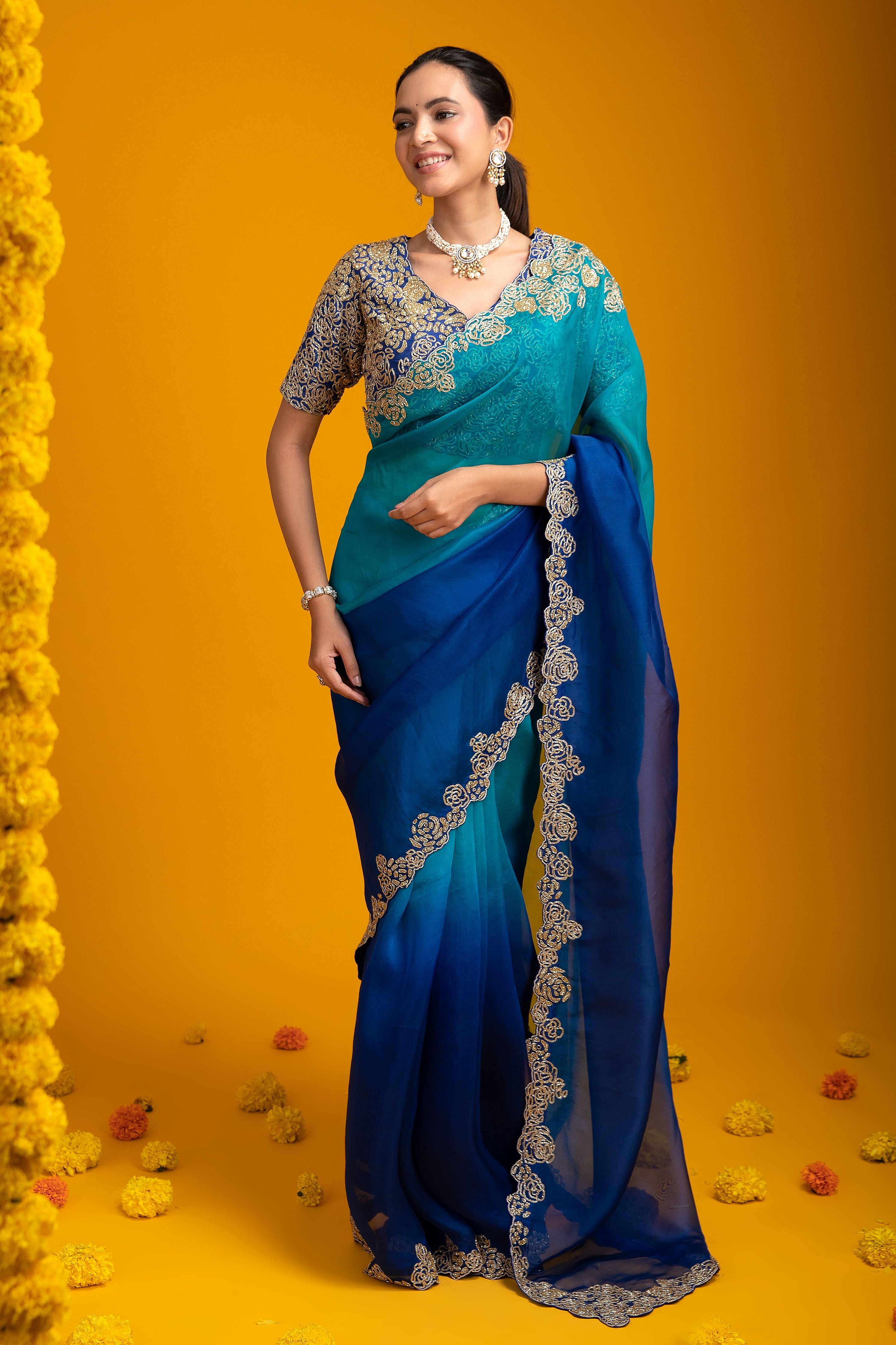 Ombre Blue Organza Saree - Mokshaa