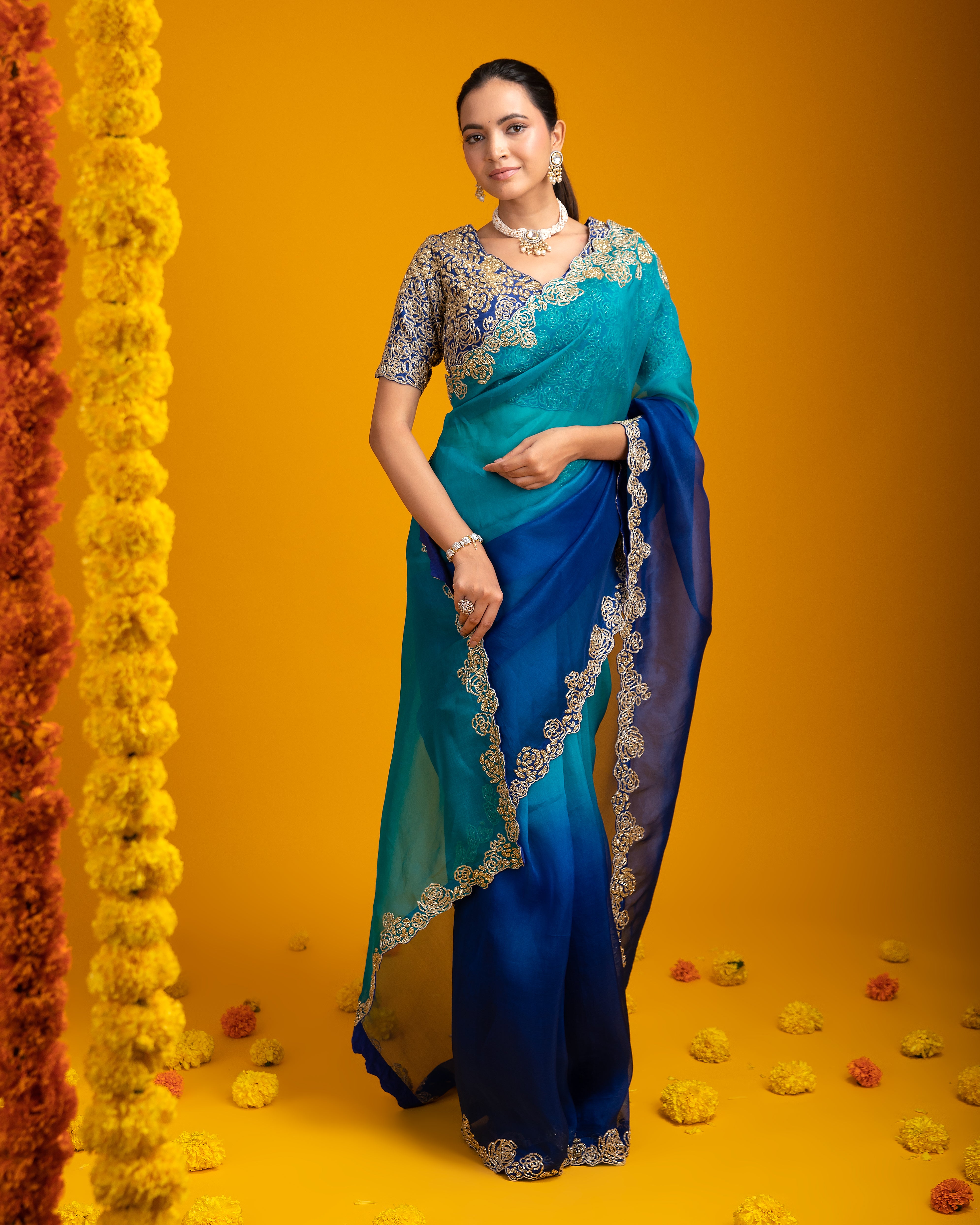 Ombre Blue Organza Saree - Mokshaa