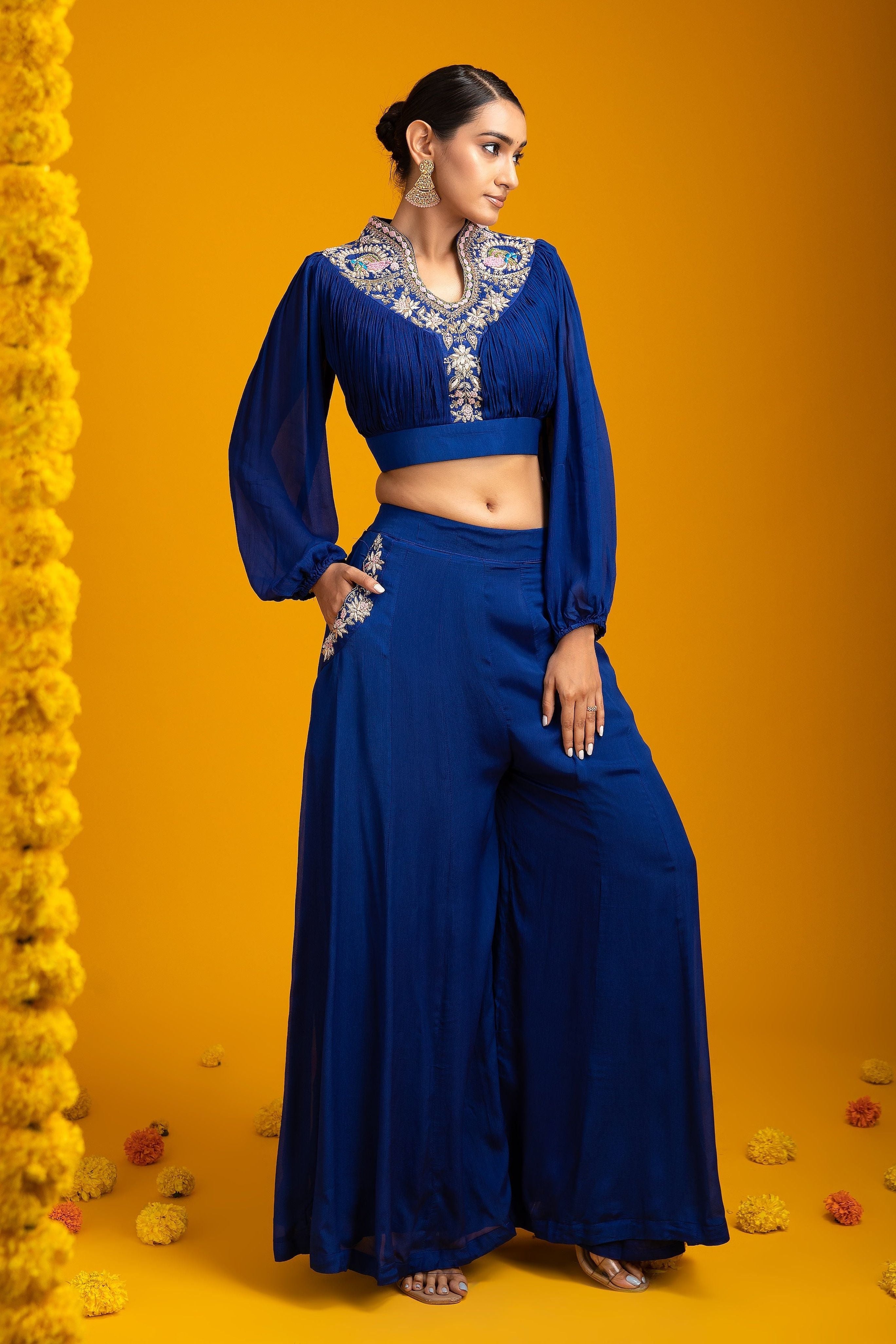 Navy Blue crop top and palazzo set - Mokshaa