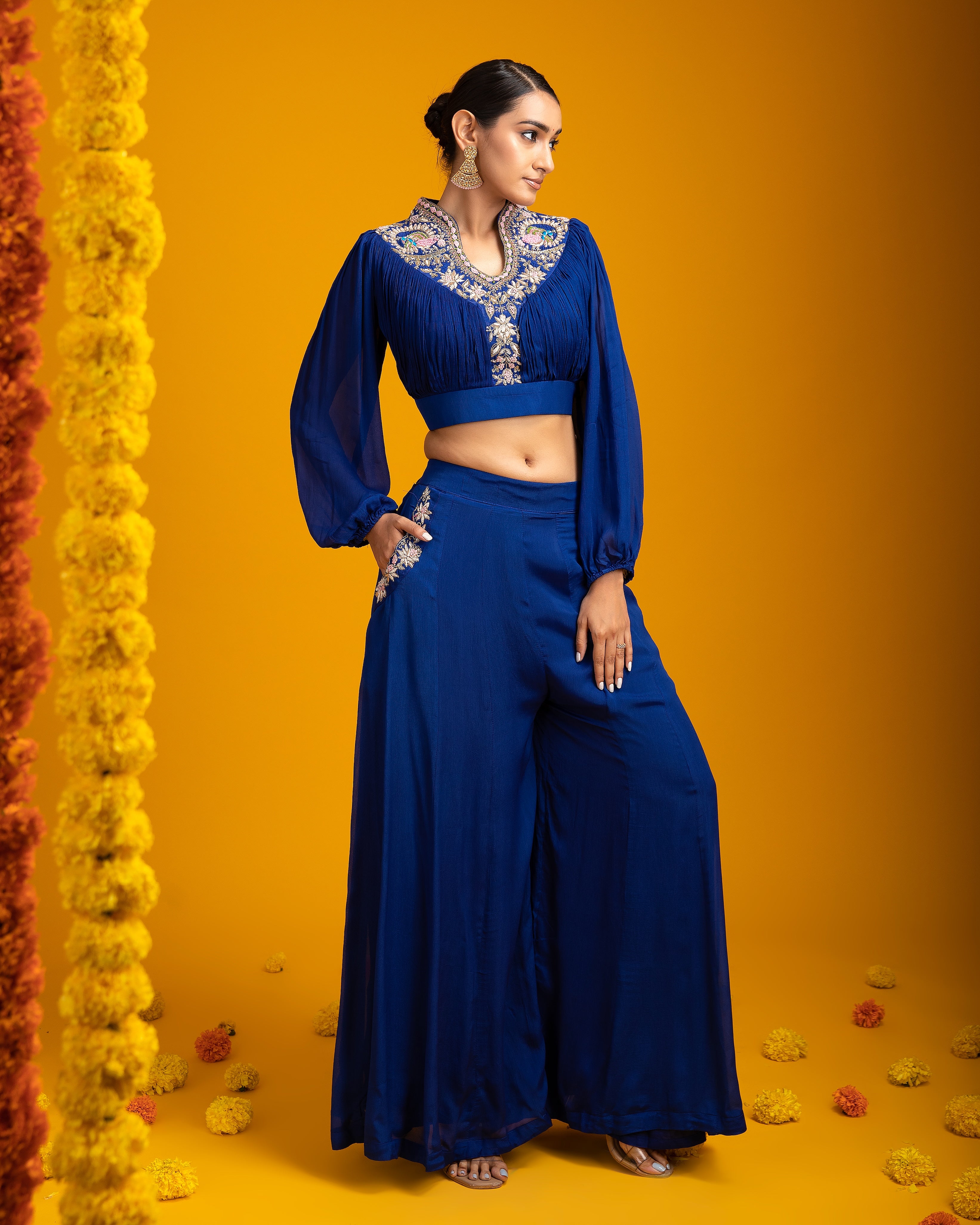 Navy Blue crop top and palazzo set - Mokshaa