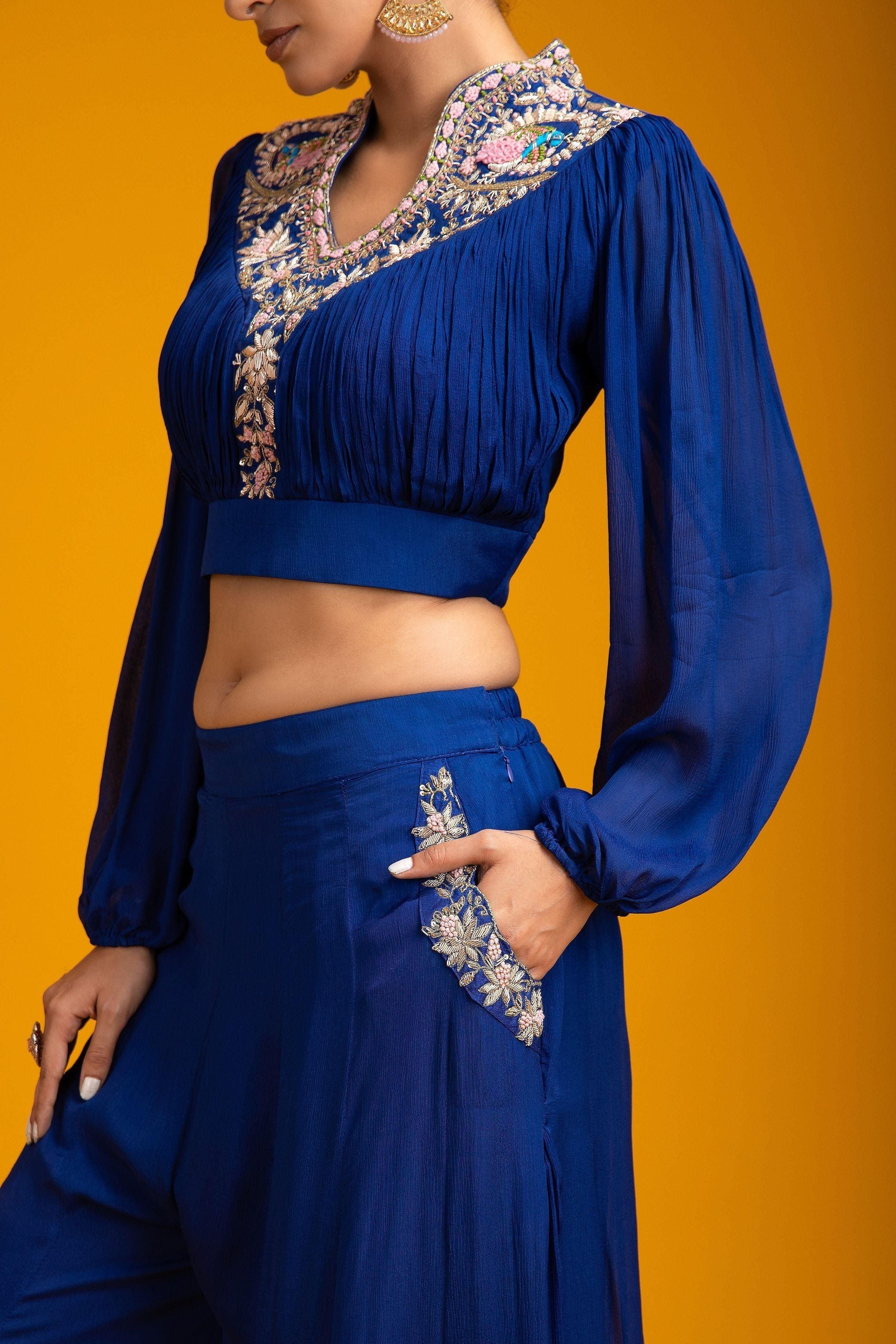 XS Navy Blue Crop Top And Palazzo Set