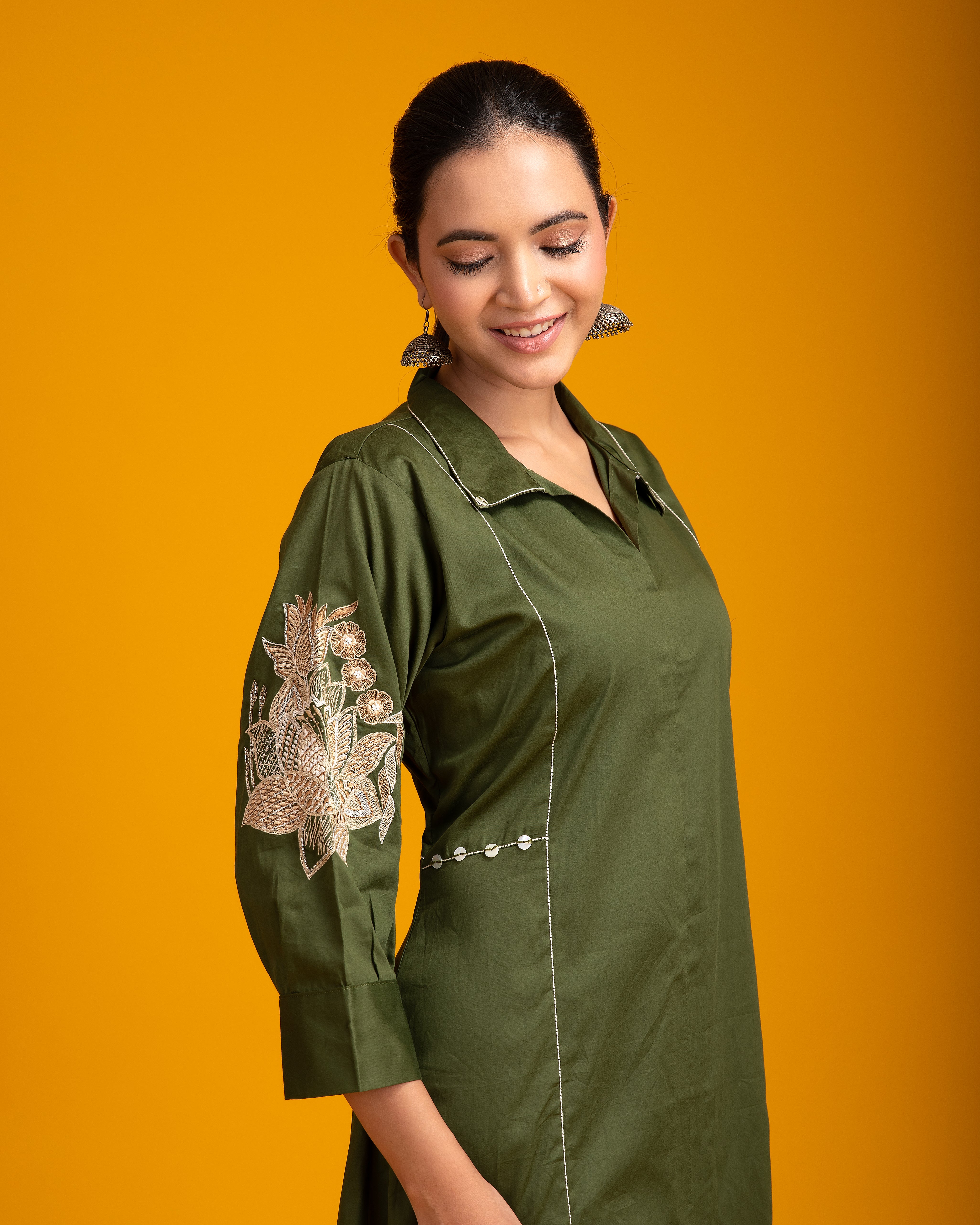 Green Chanderi Silk Dress - Mokshaa