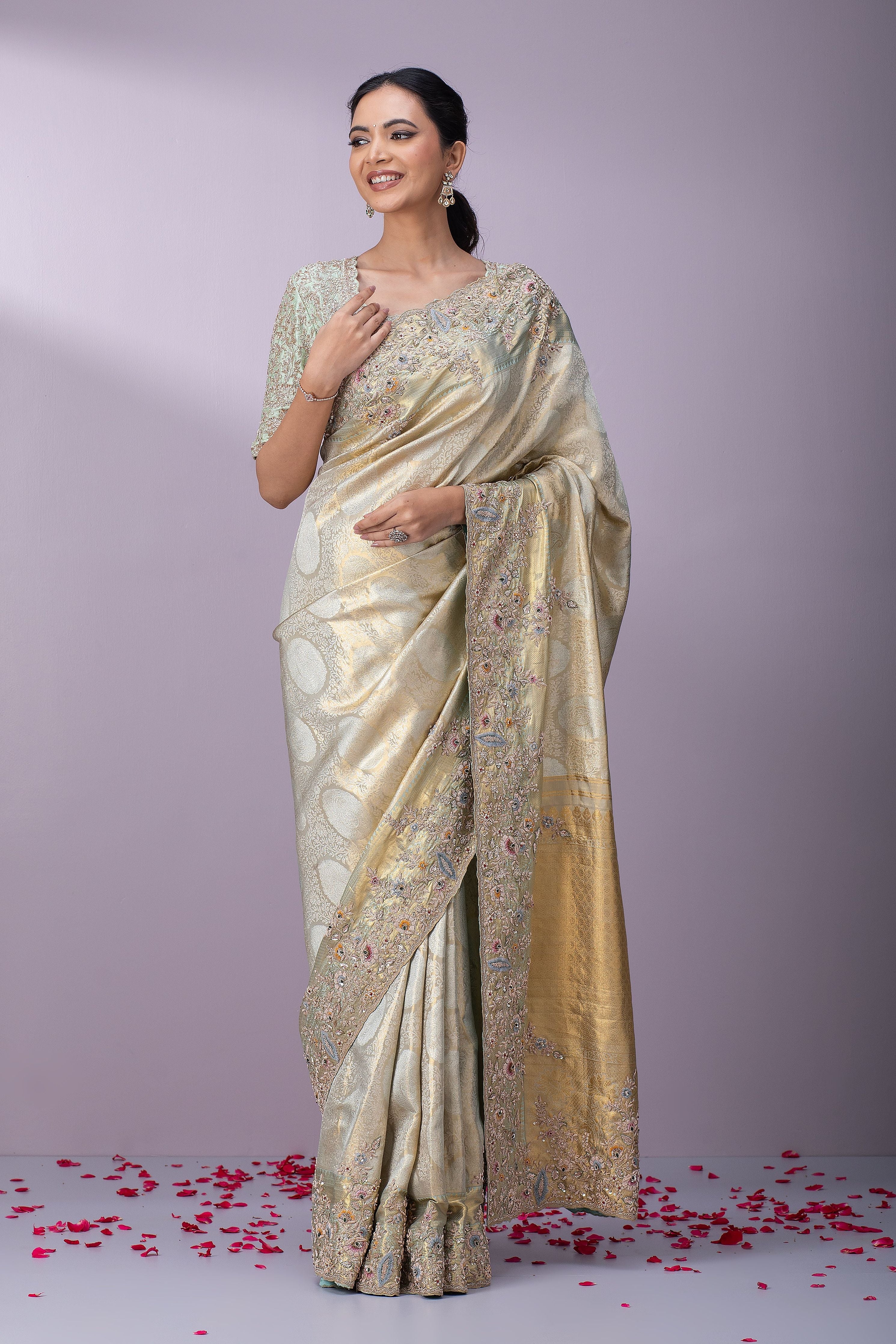 Sage Gold Kanchipuram Tissue Silk Saree - Mokshaa