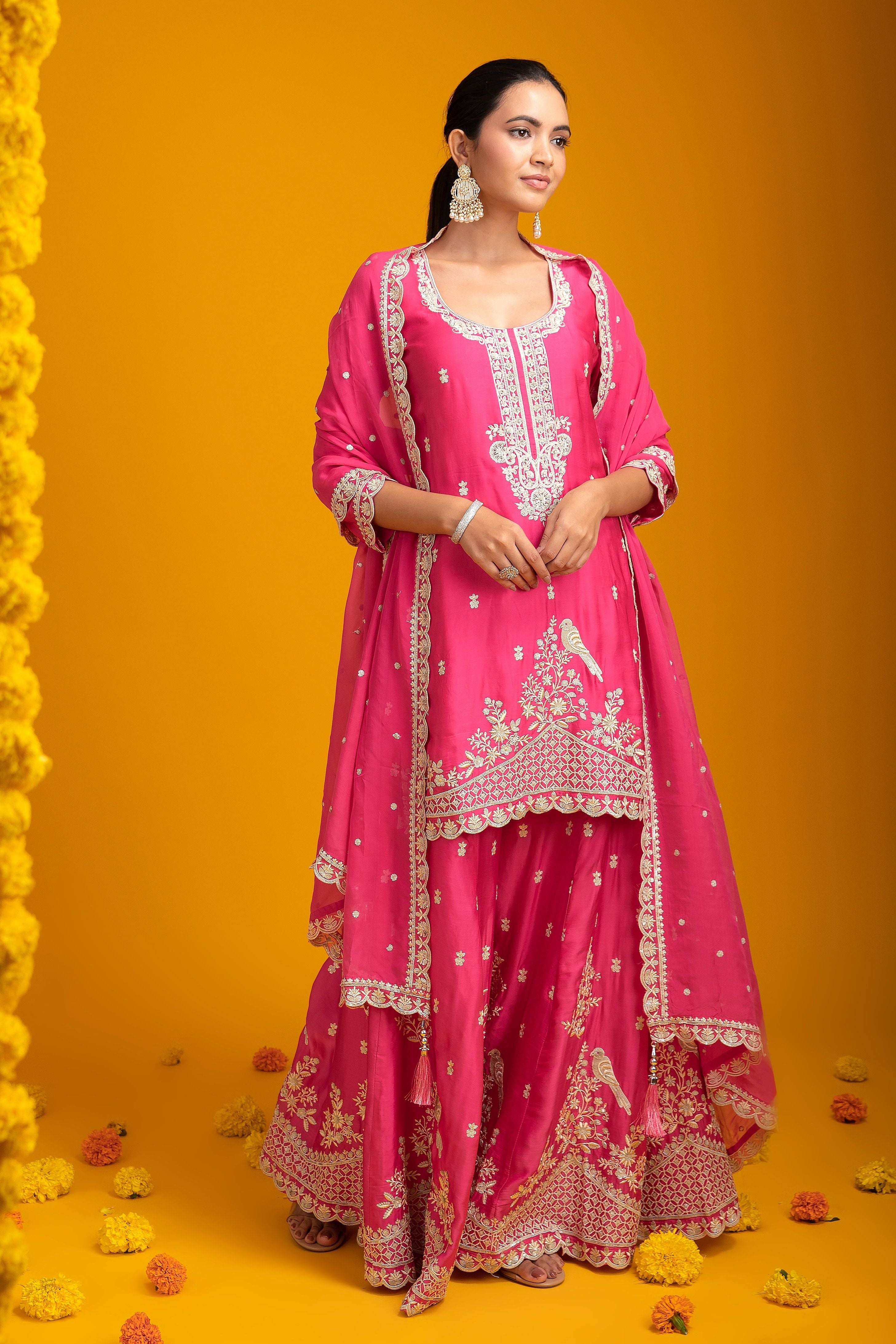 Fuchsia Pink Organza Sharara - Mokshaa