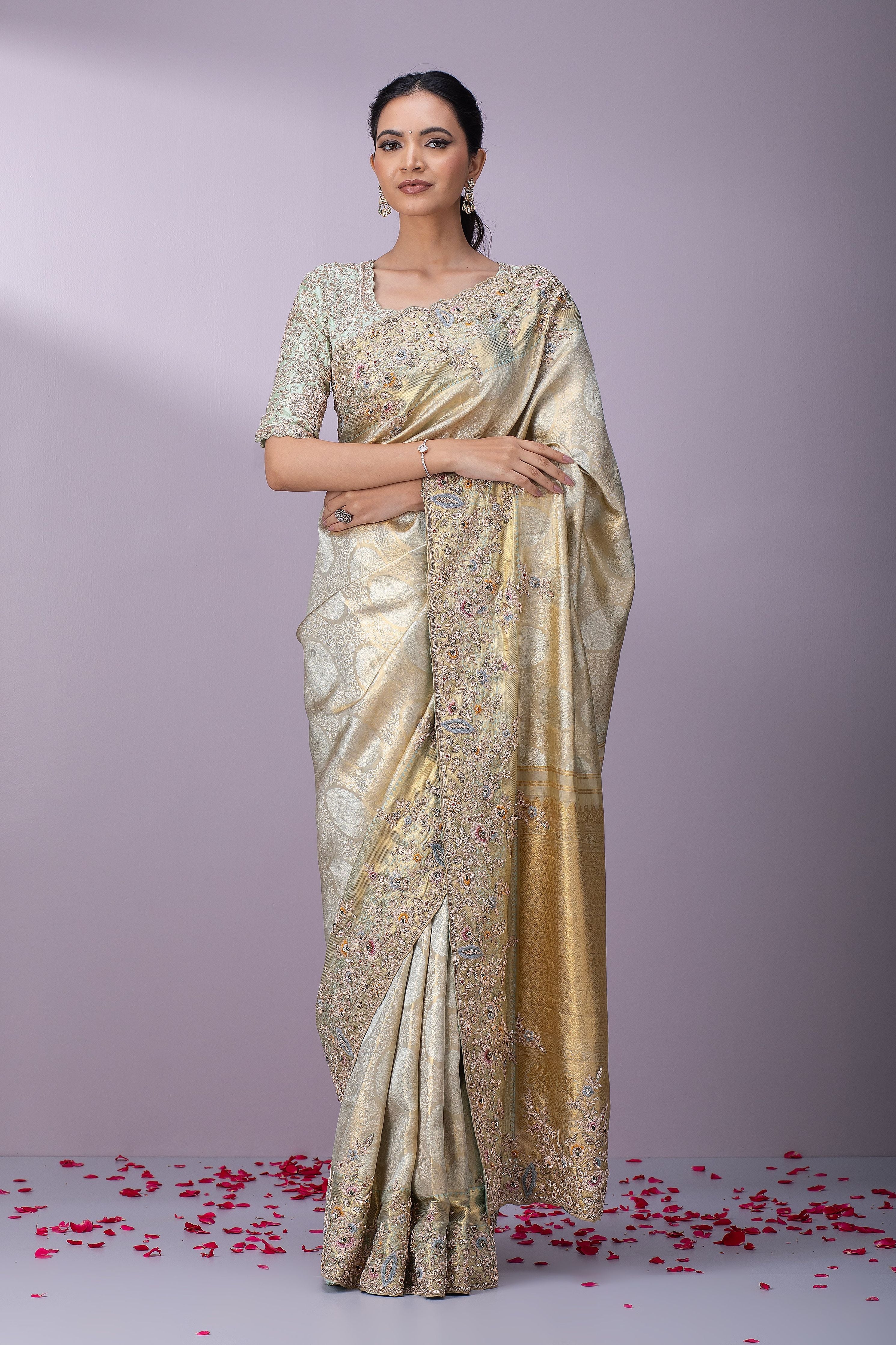 Sage Gold Kanchipuram Tissue Silk Saree - Mokshaa