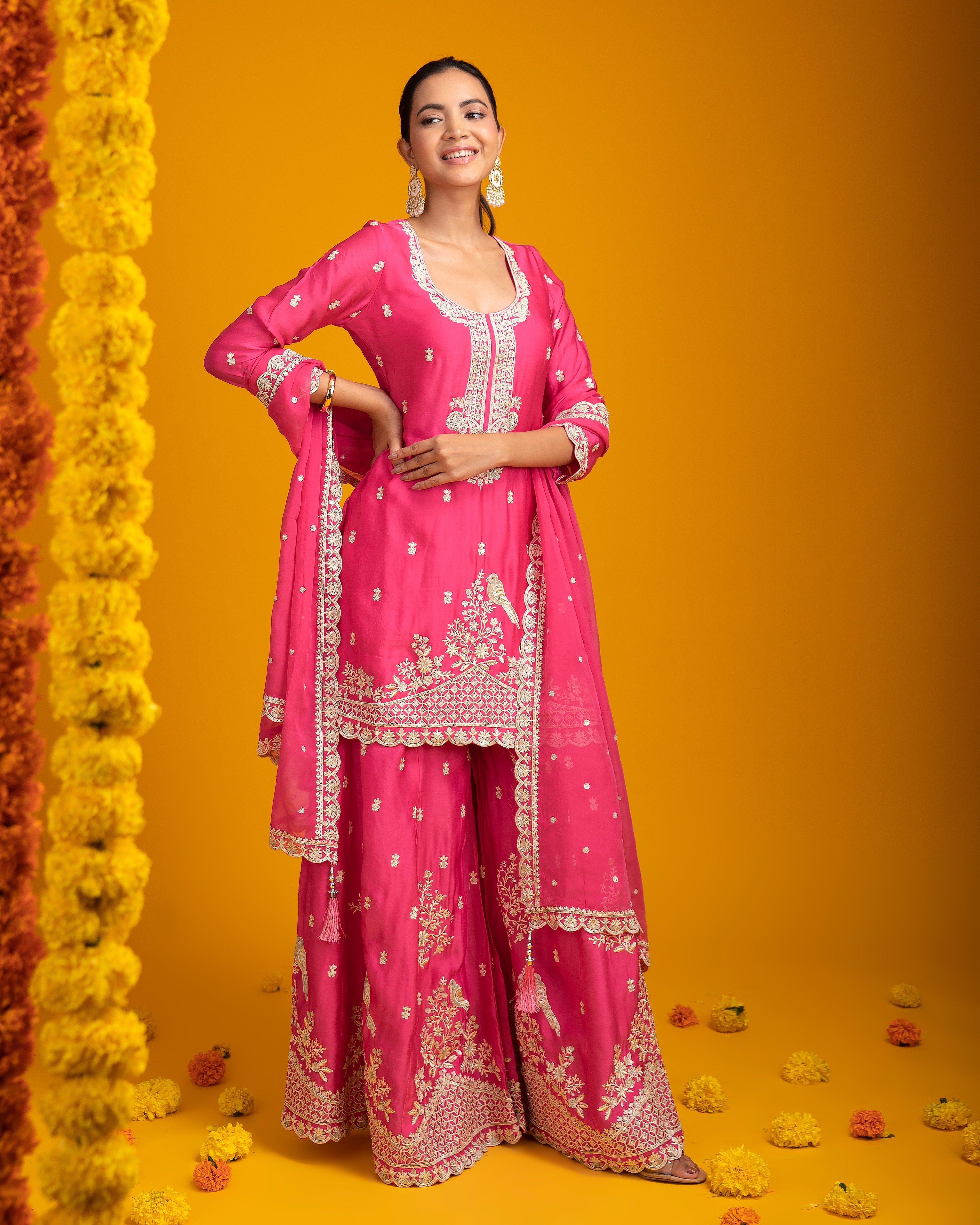 Fuchsia Pink Organza Sharara - Mokshaa