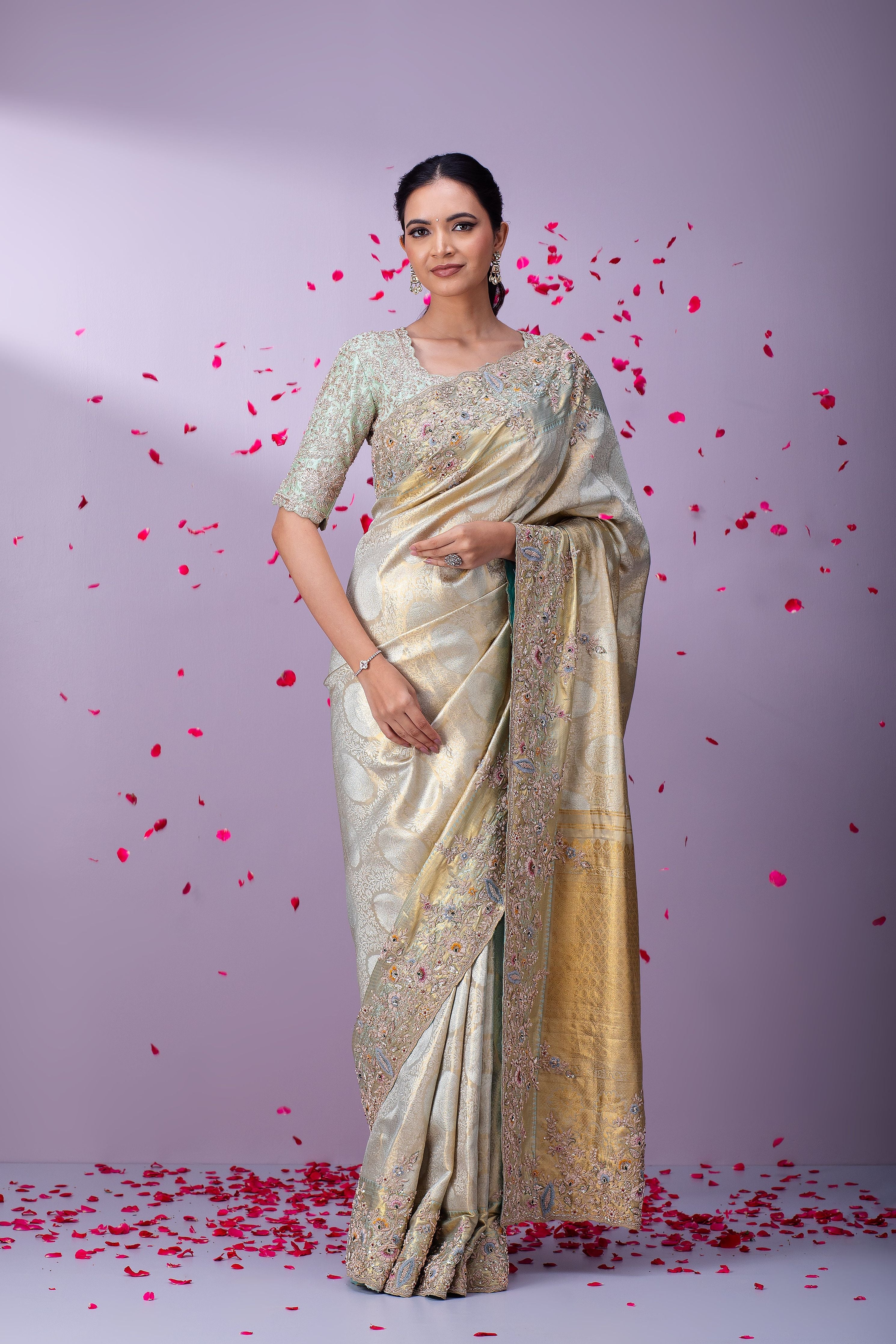 Sage Gold Kanchipuram Tissue Silk Saree - Mokshaa