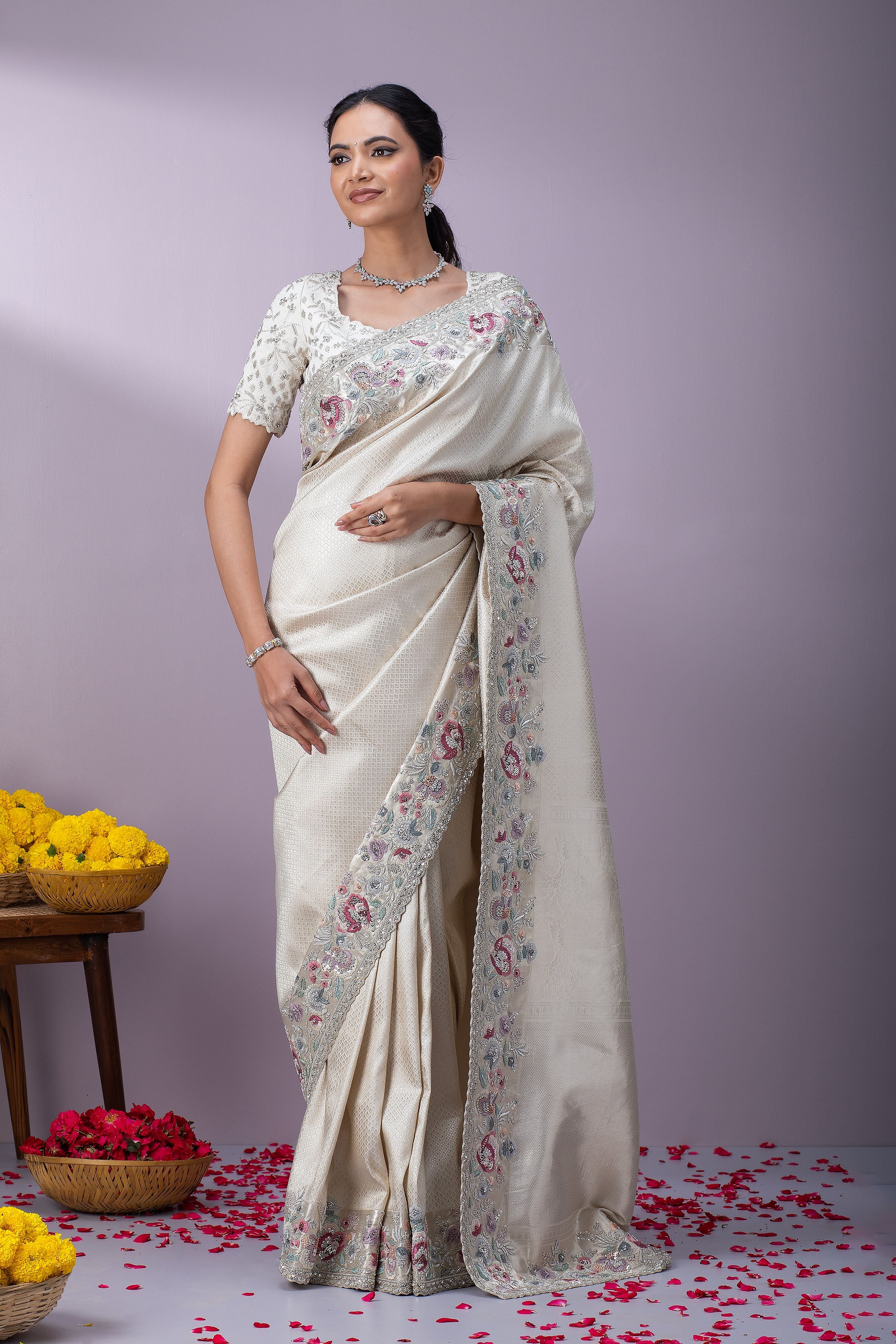 Off-White Kanchipuram Silk Saree - Mokshaa