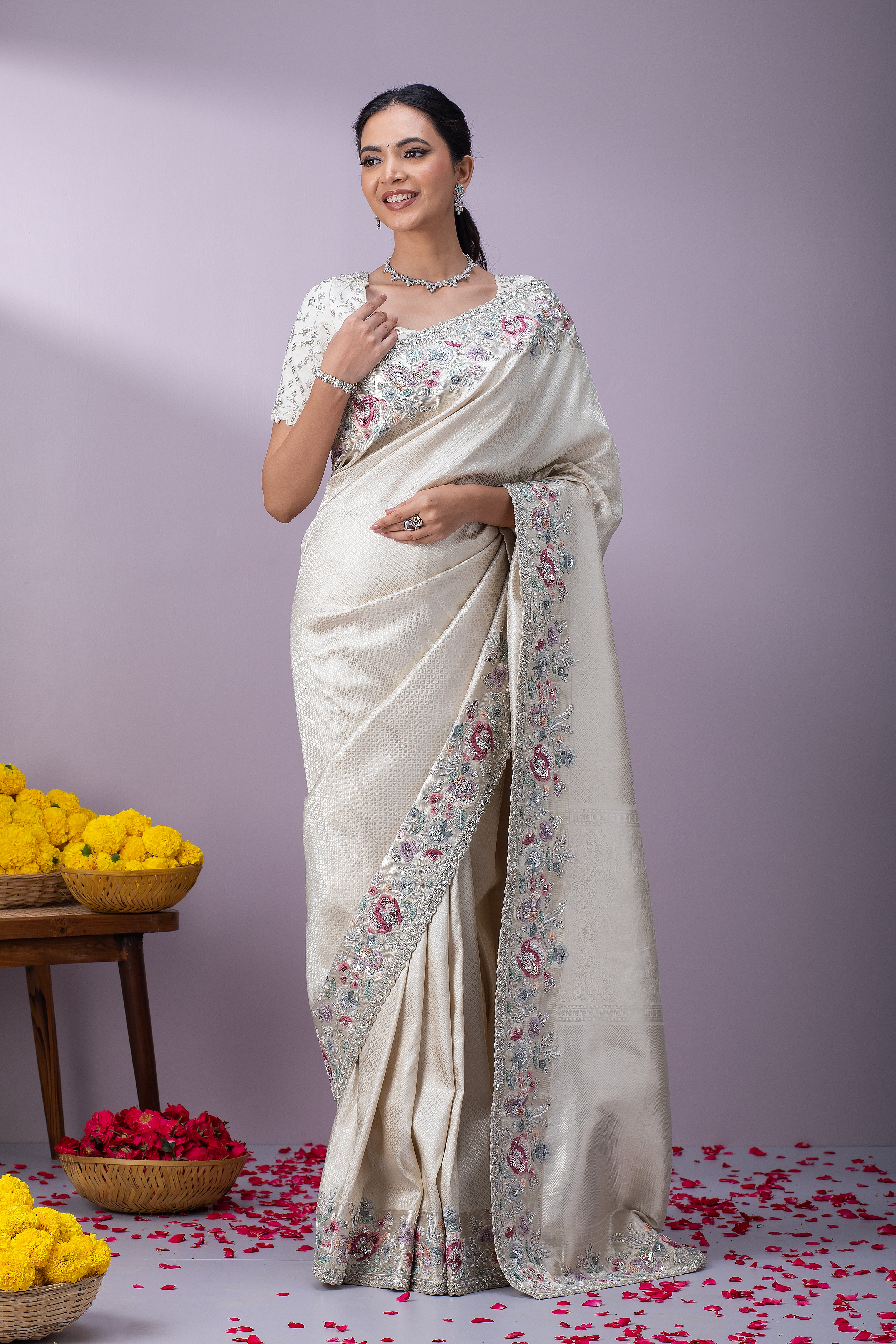 Off-White Kanchipuram Silk Saree - Mokshaa