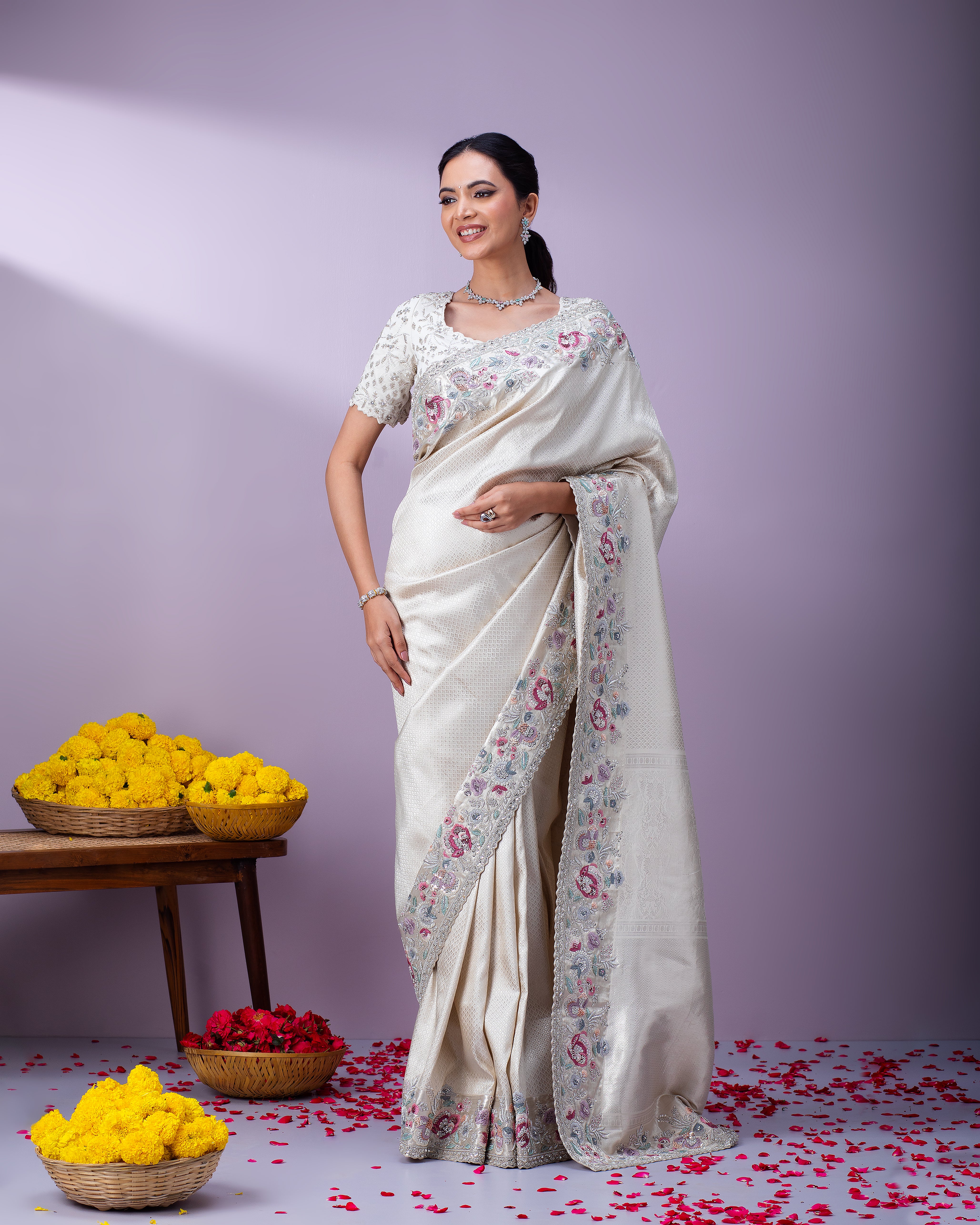 Off-White Kanchipuram Silk Saree - Mokshaa