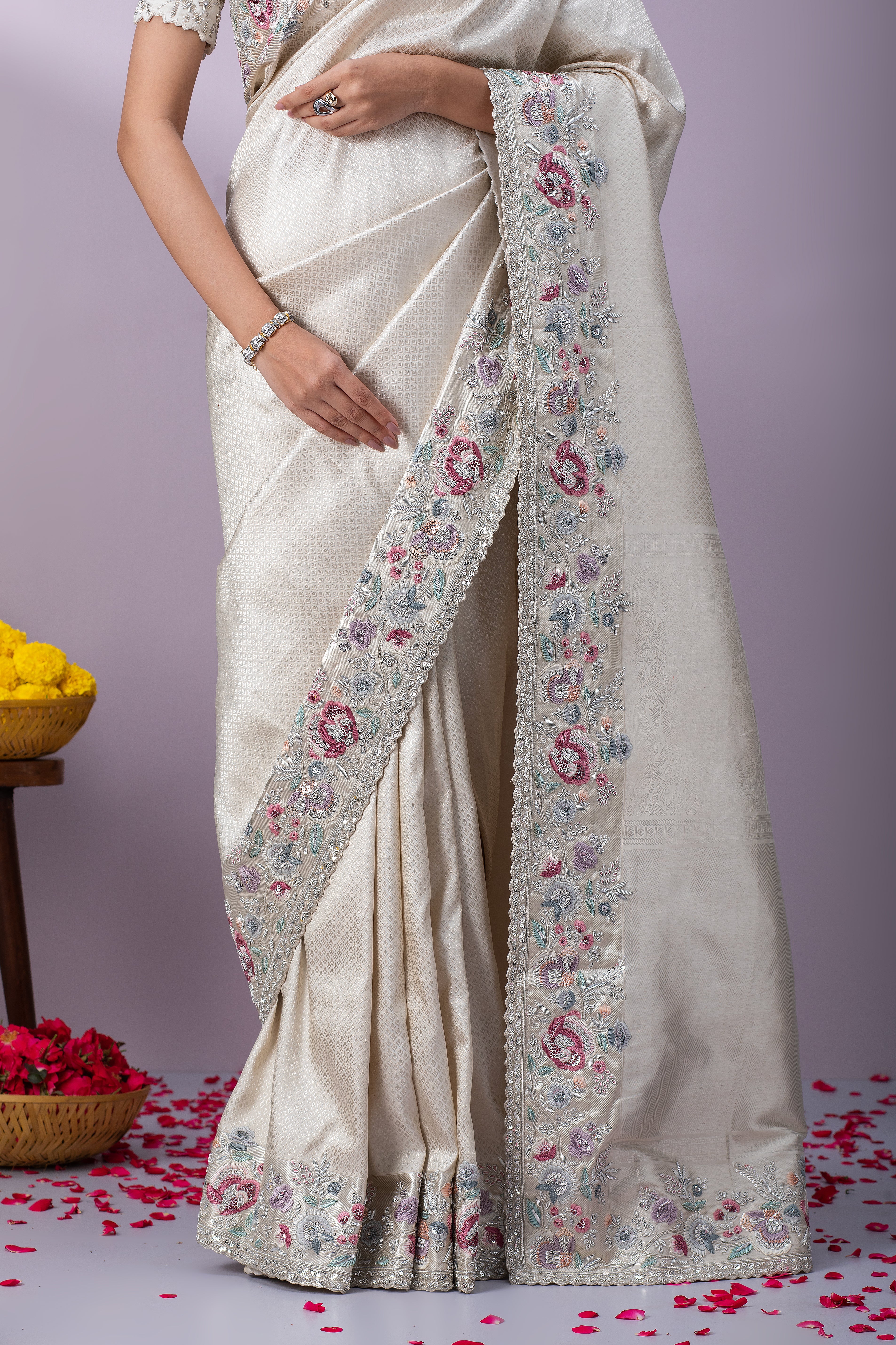 Off-White Kanchipuram Silk Saree - Mokshaa