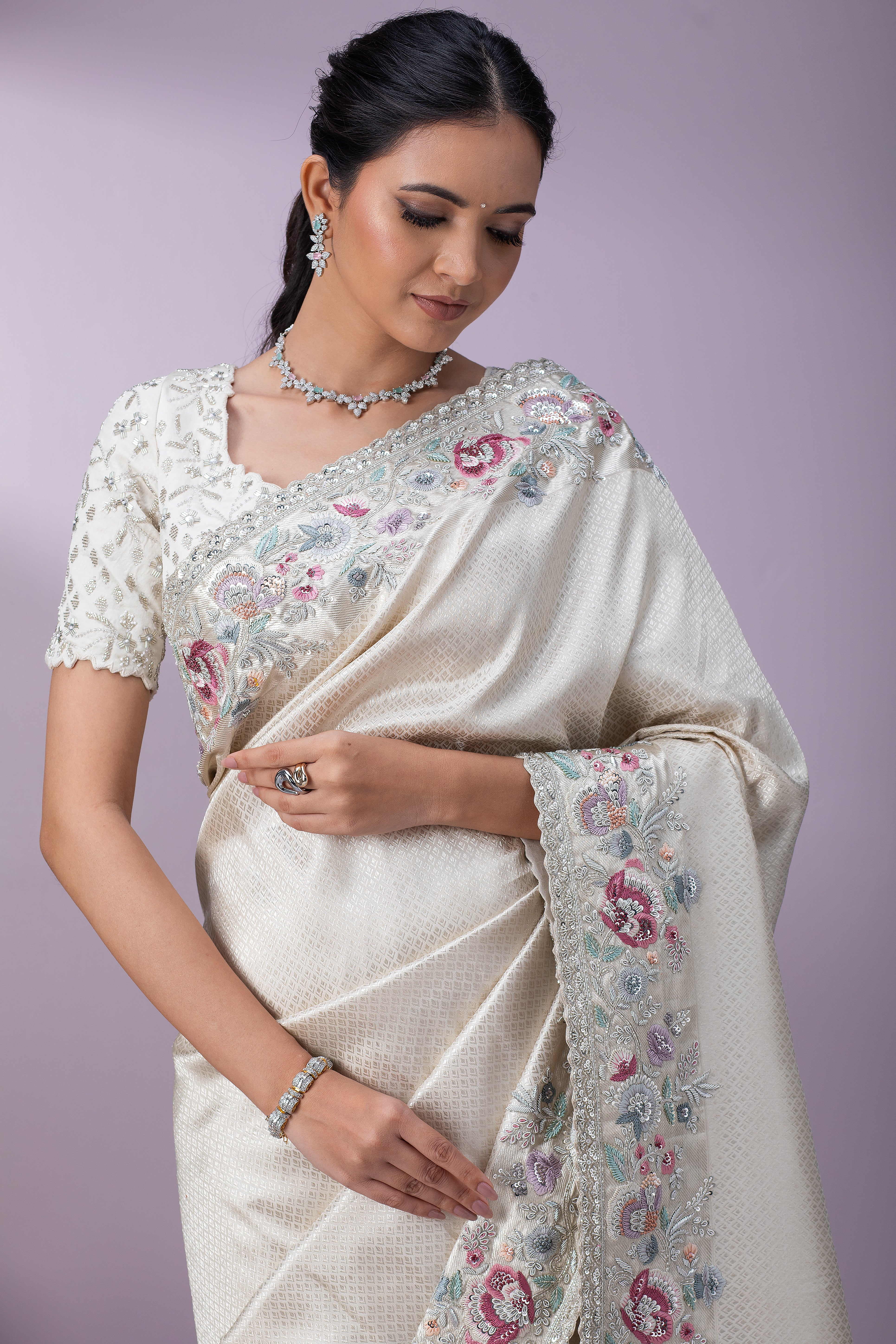 Off-White Kanchipuram Silk Saree - Mokshaa