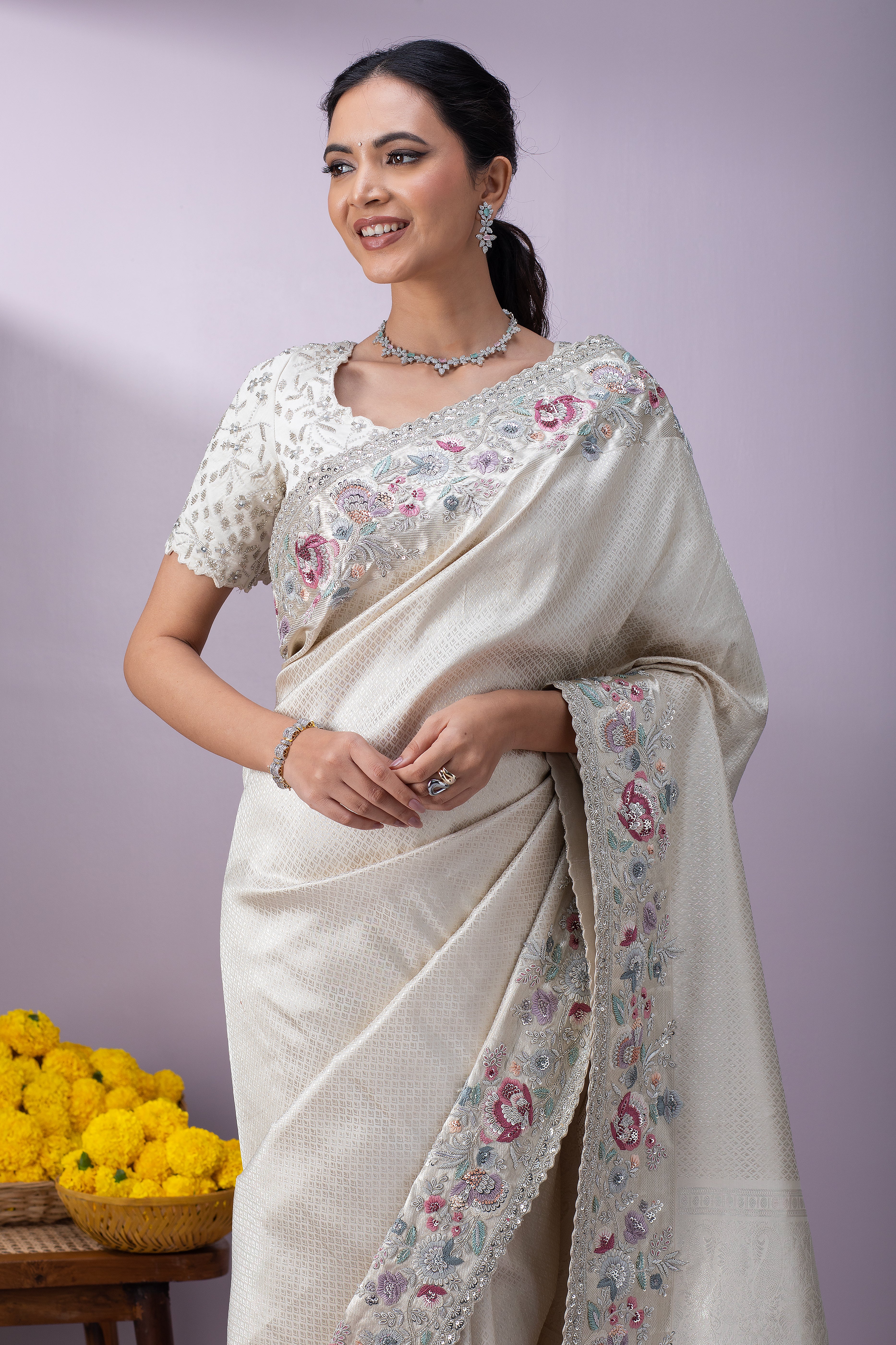 Off-White Kanchipuram Silk Saree - Mokshaa