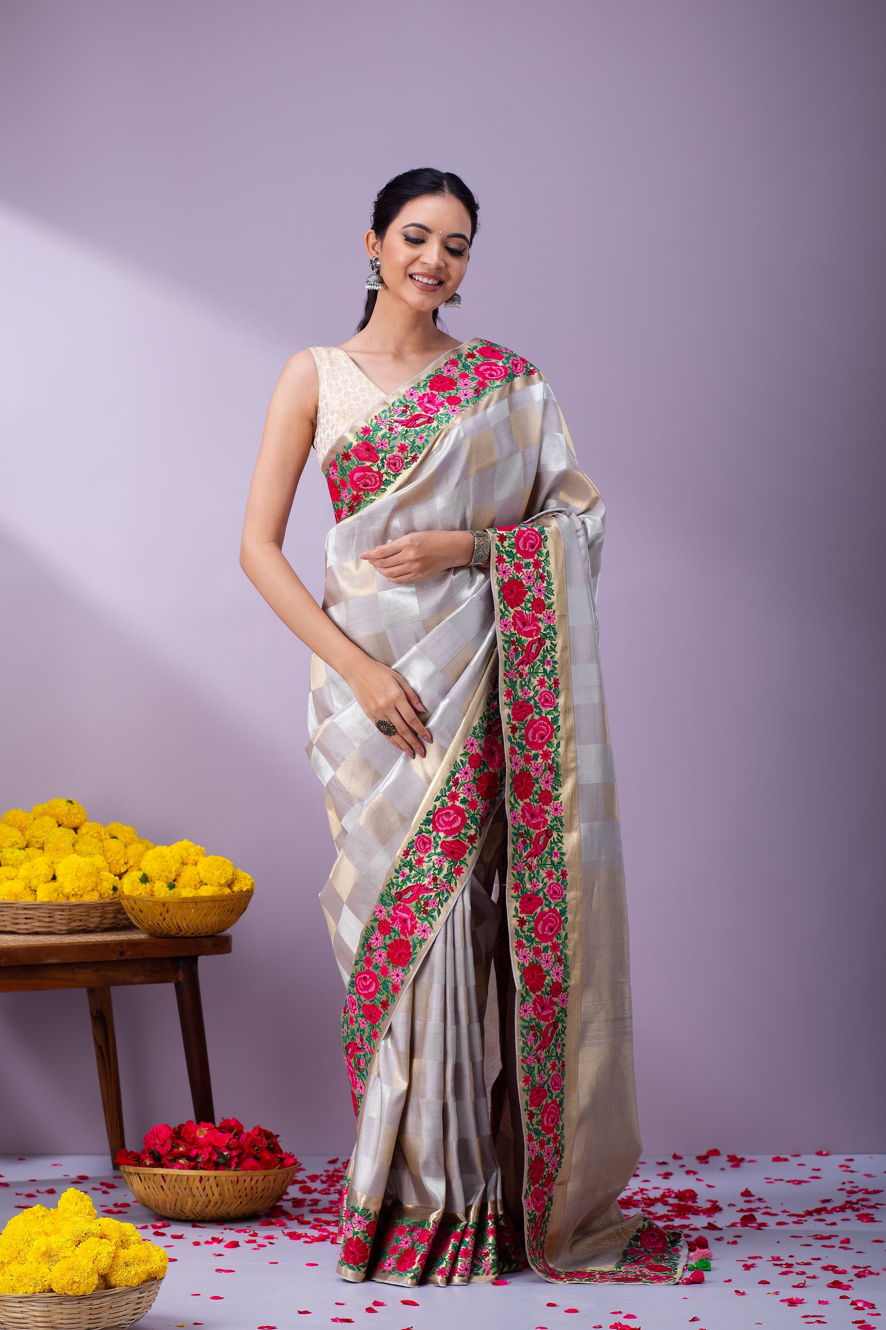 Light Grey Kanchipuram Silk Saree - Mokshaa