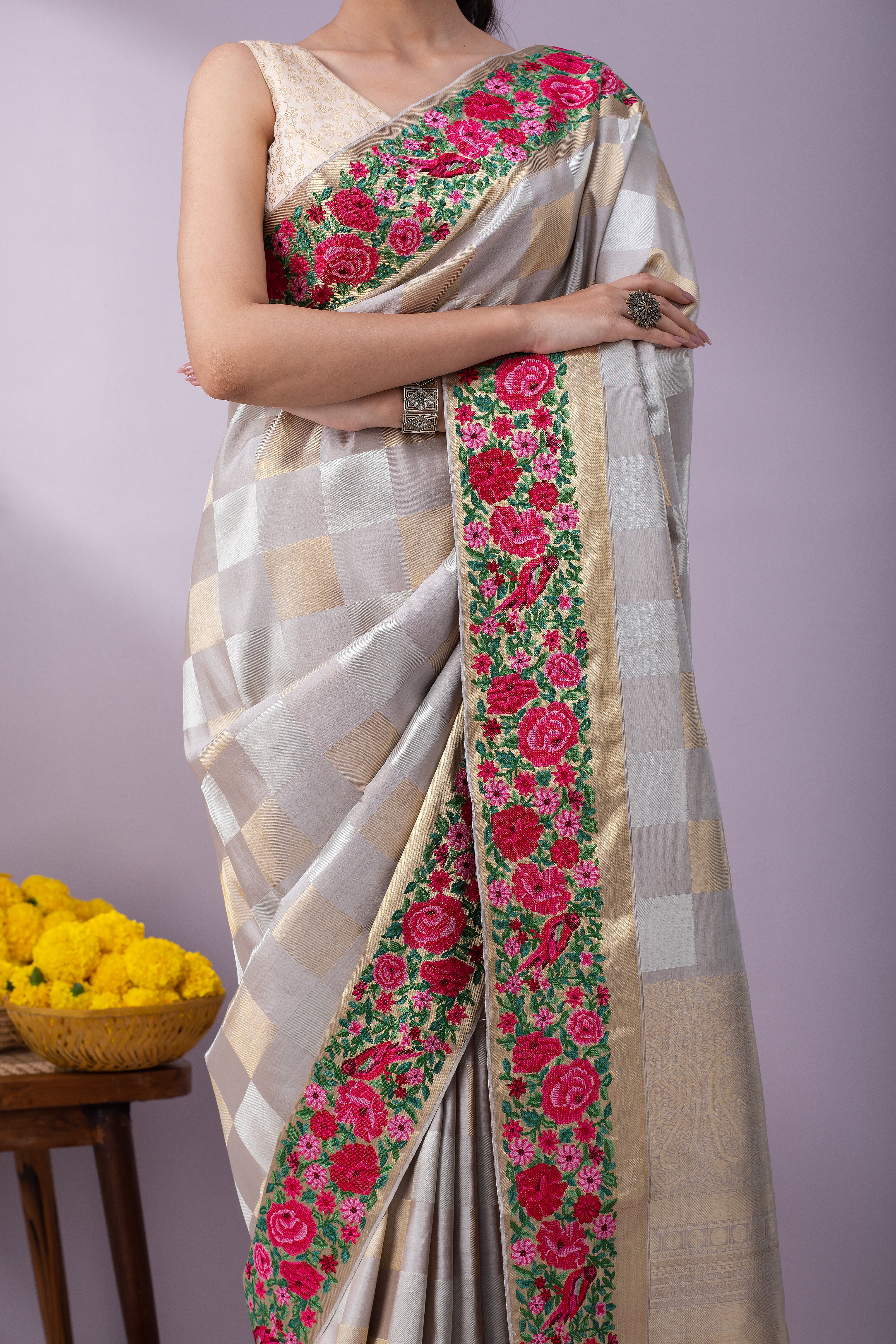 Light Grey Kanchipuram Silk Saree - Mokshaa