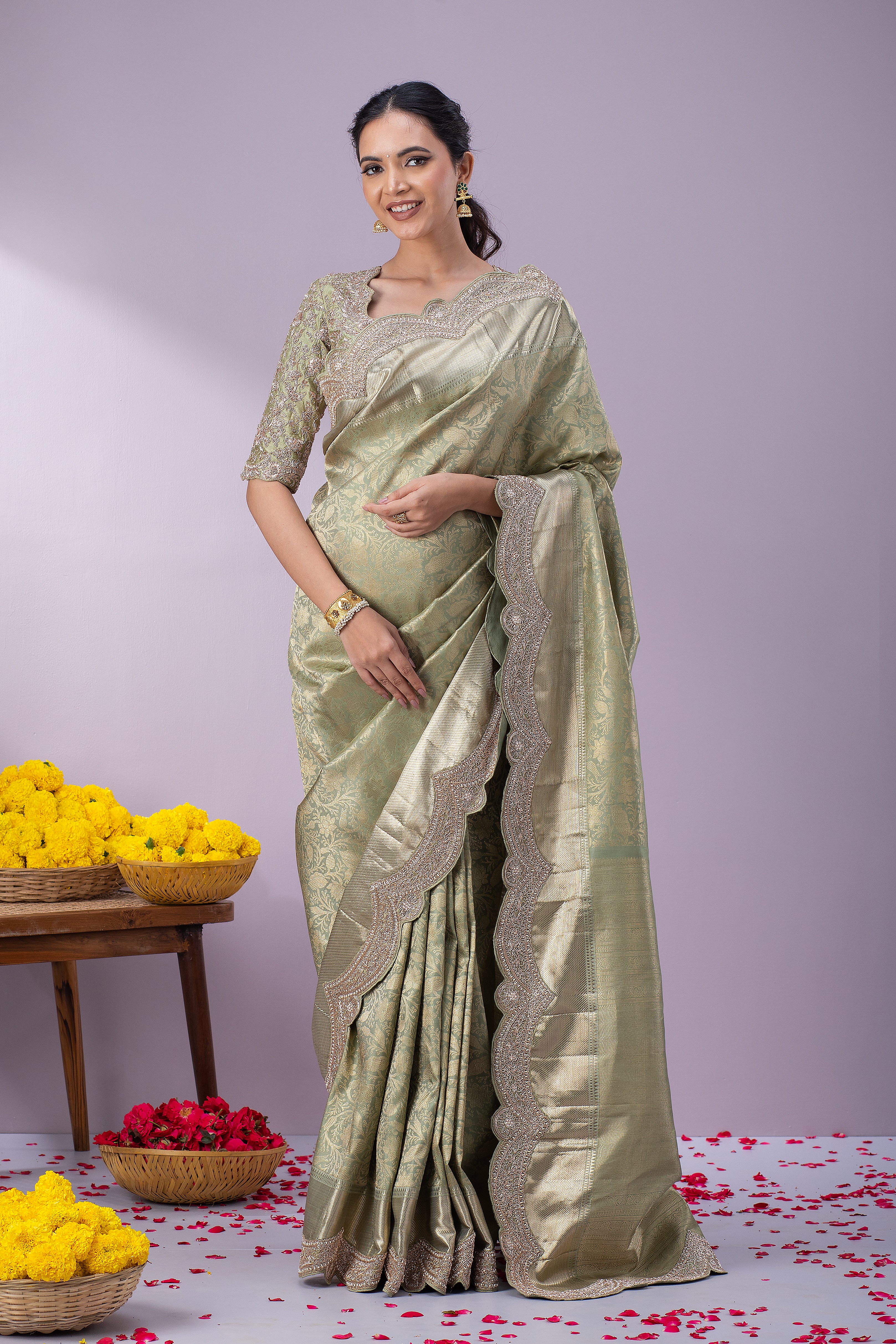 Light Olive Green Kanchipuram Silk Saree with Zari Weaving, Zardosi, and Pearl Work on Scallop Border - Mokshaa