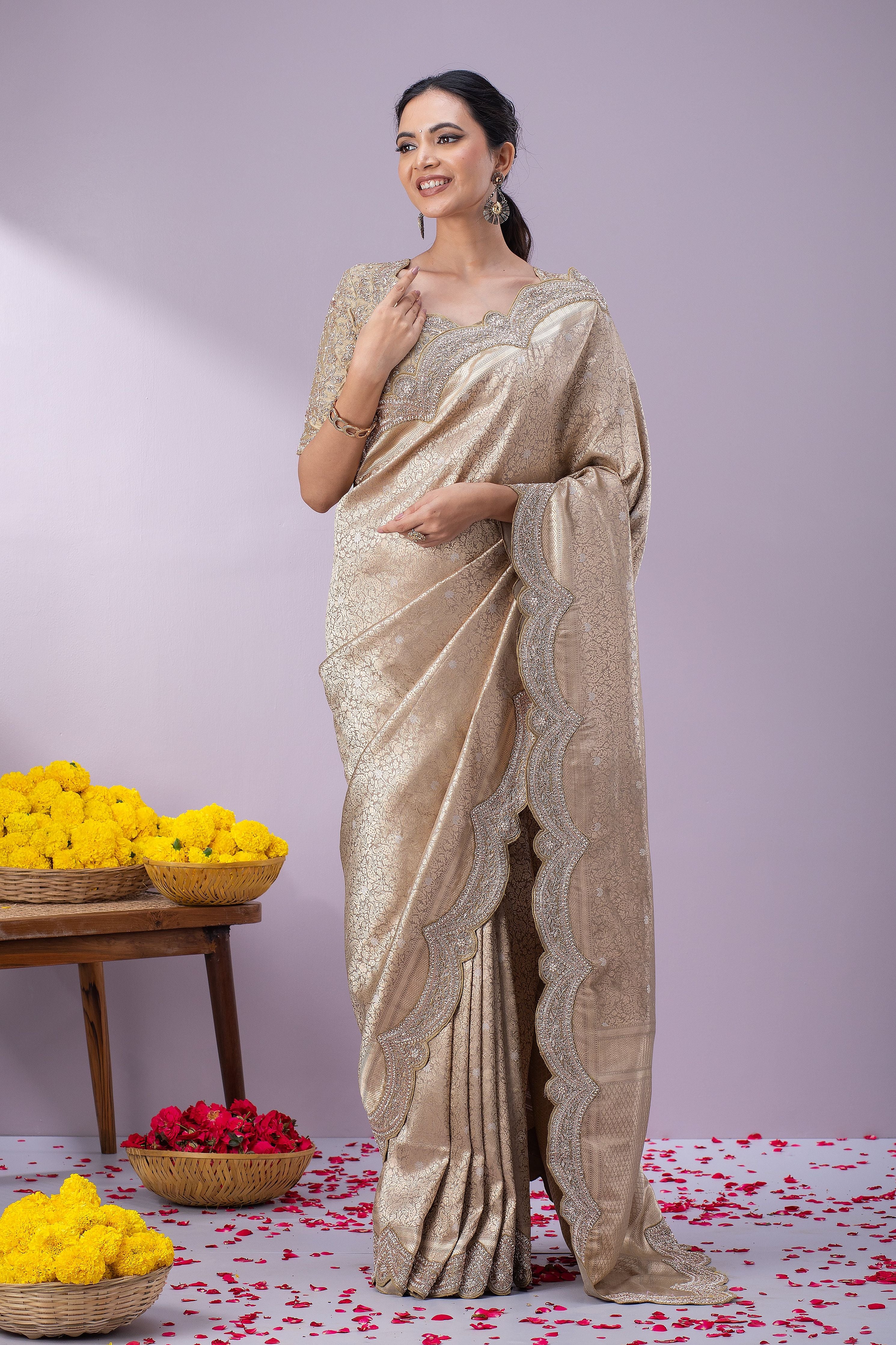 Sage Gold Banaras Silk Saree - Mokshaa