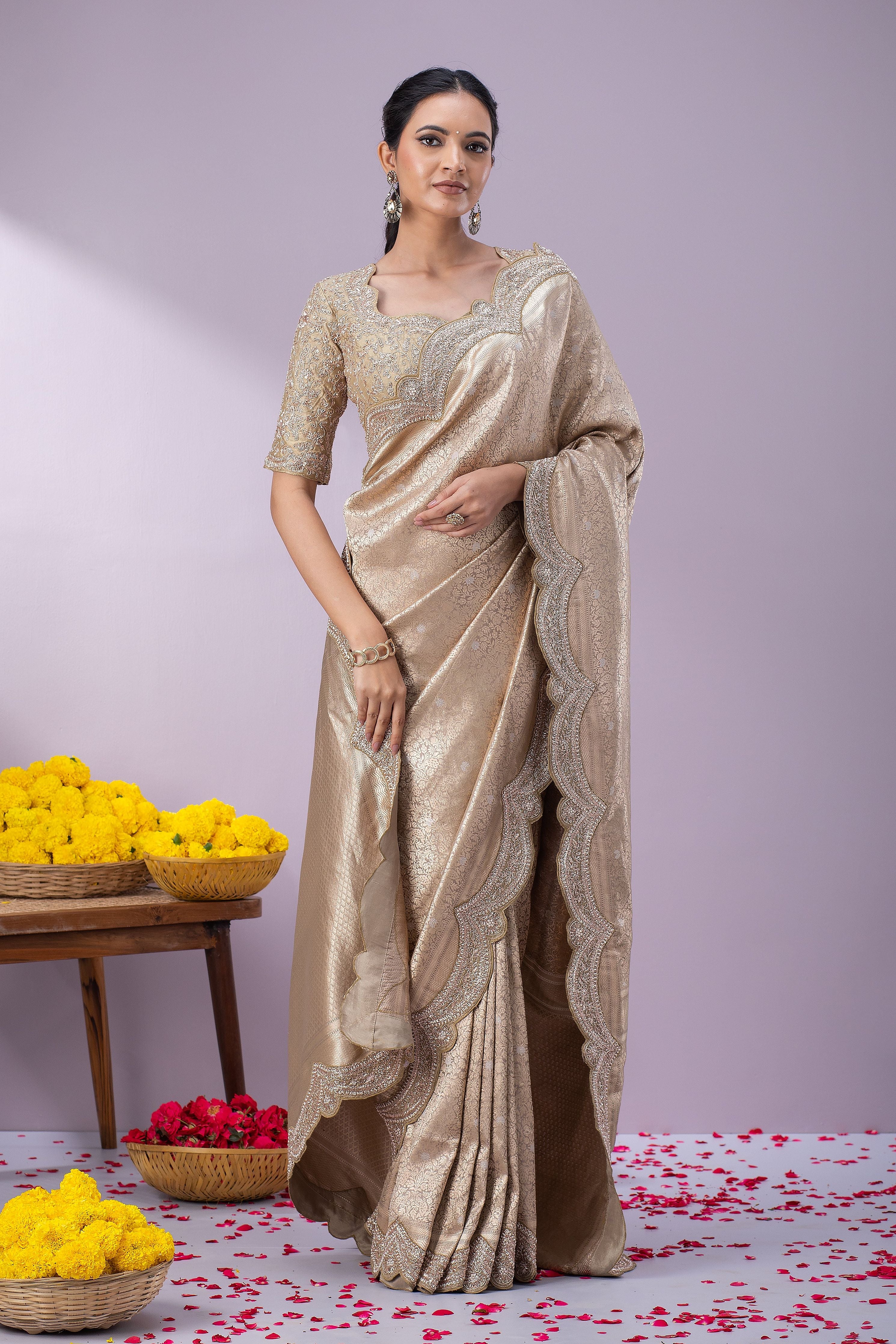 Sage Gold Banaras Silk Saree - Mokshaa