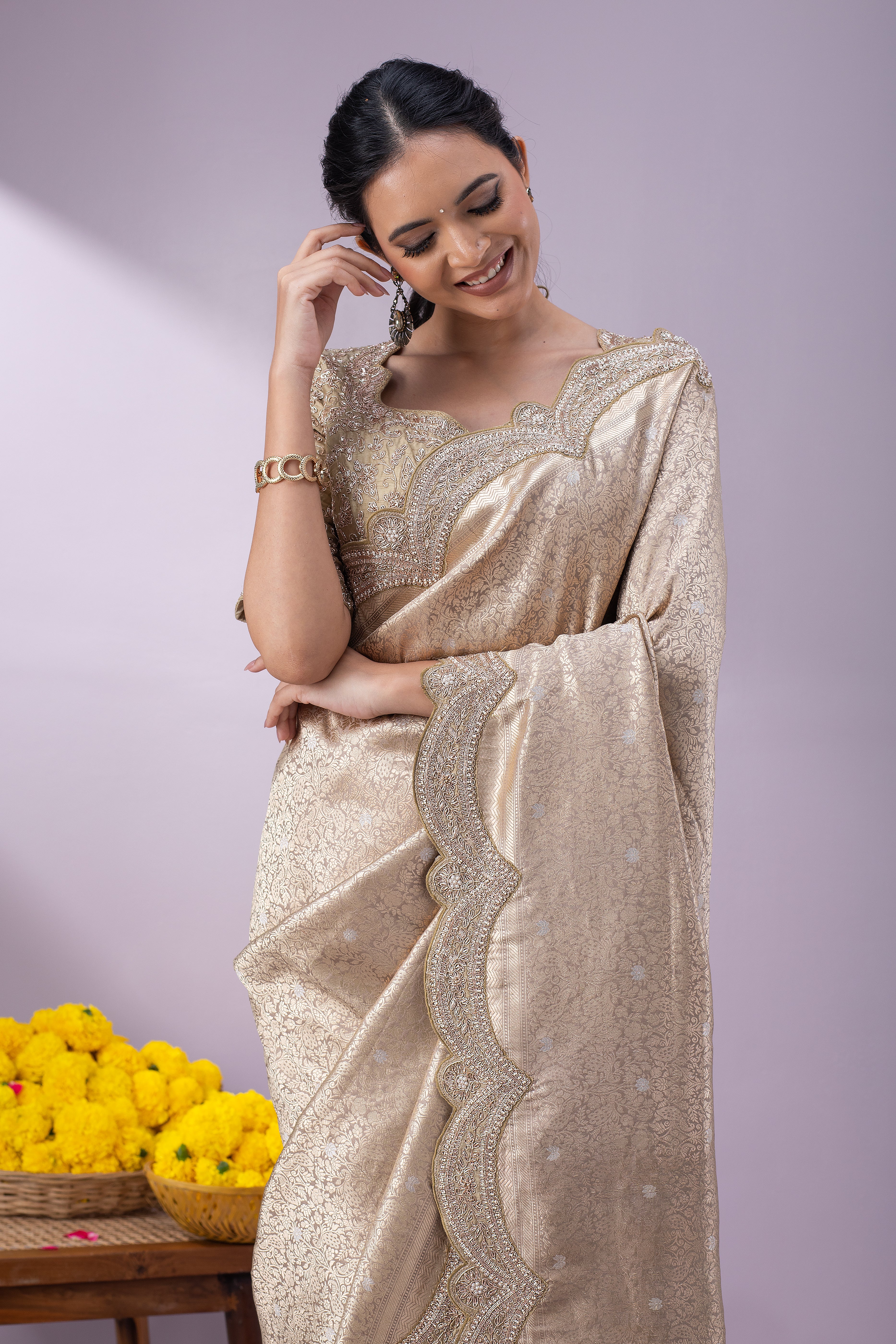 Sage Gold Banaras Silk Saree - Mokshaa