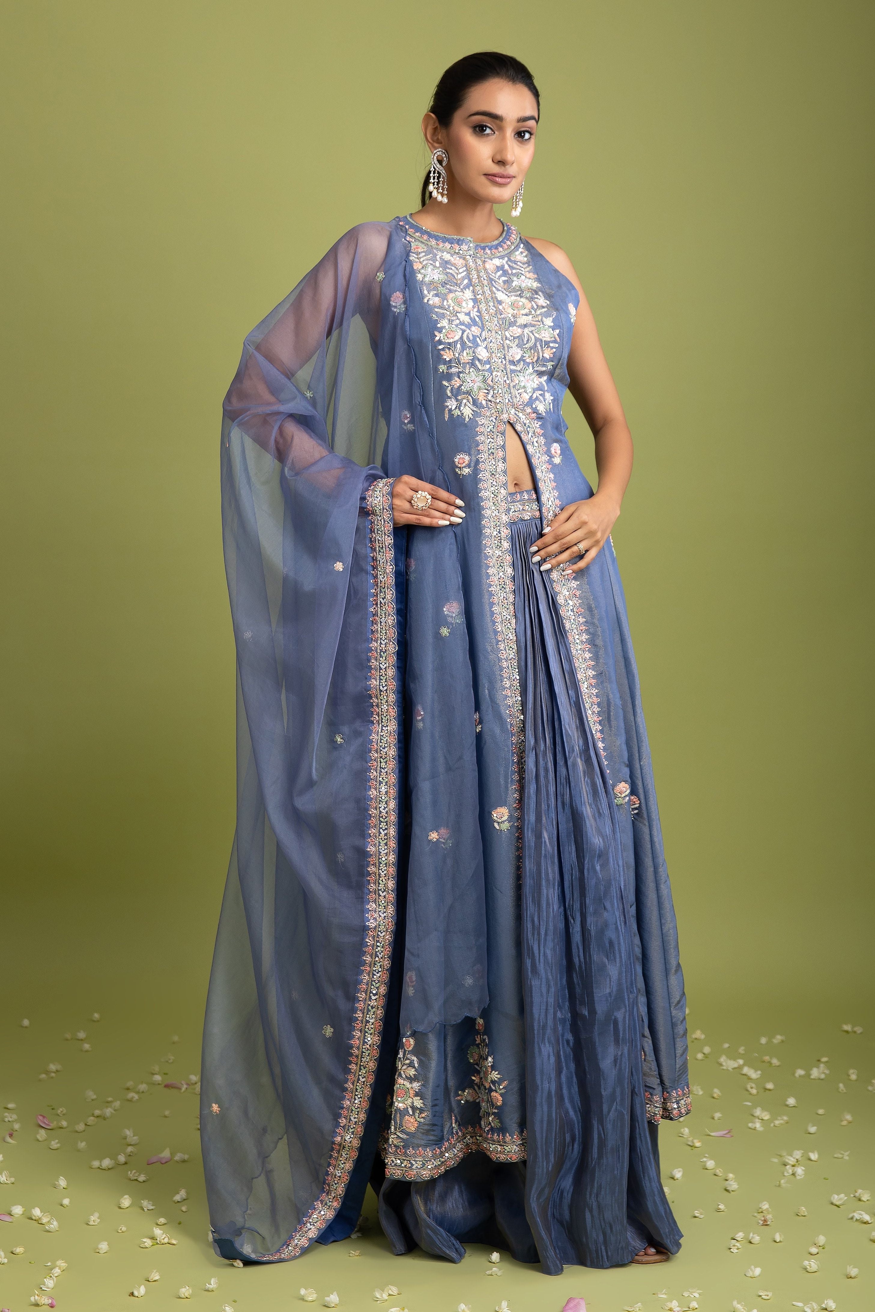 Blue Tissue Silk Indo-western - Mokshaa