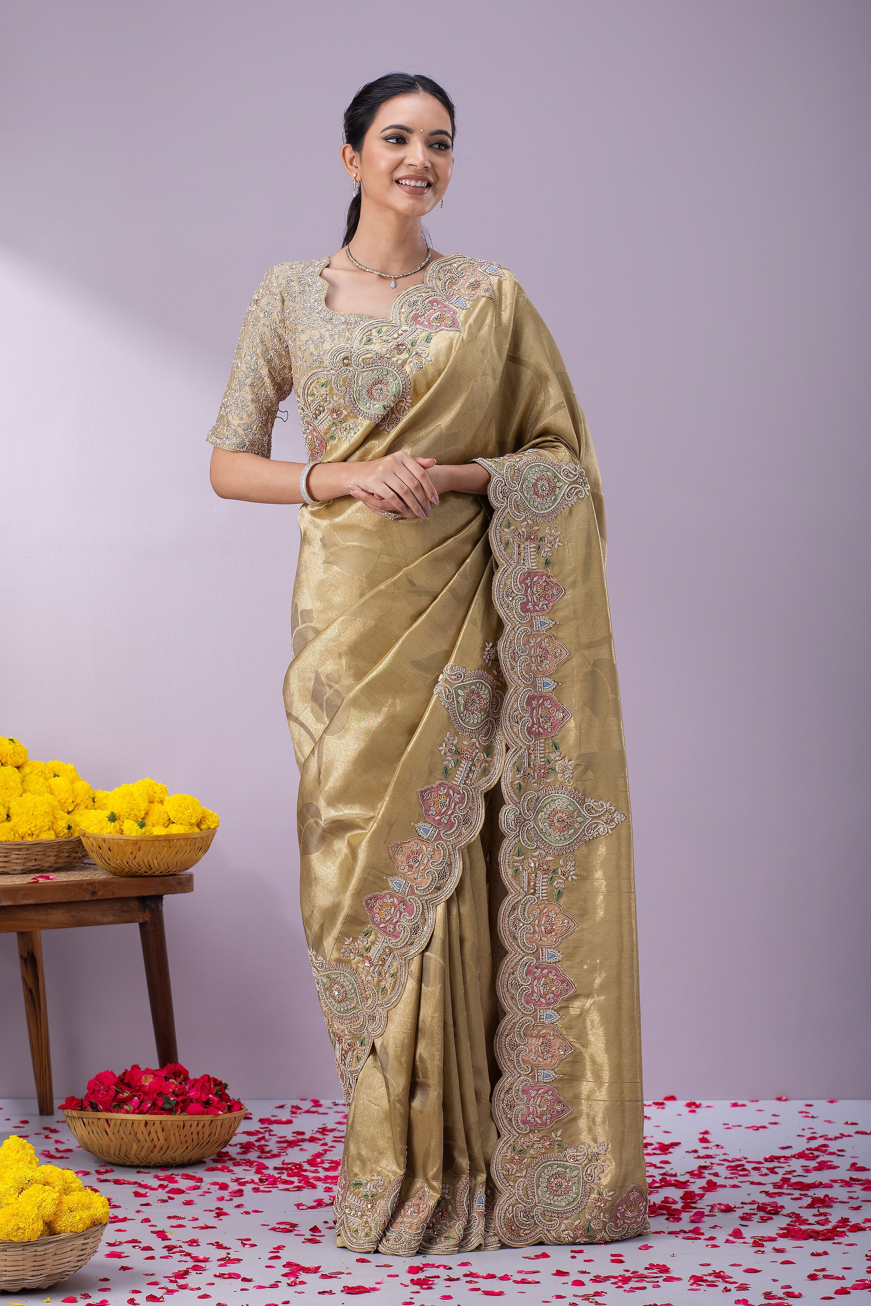 Beige Gold Kanchipuram Silk Saree - Mokshaa