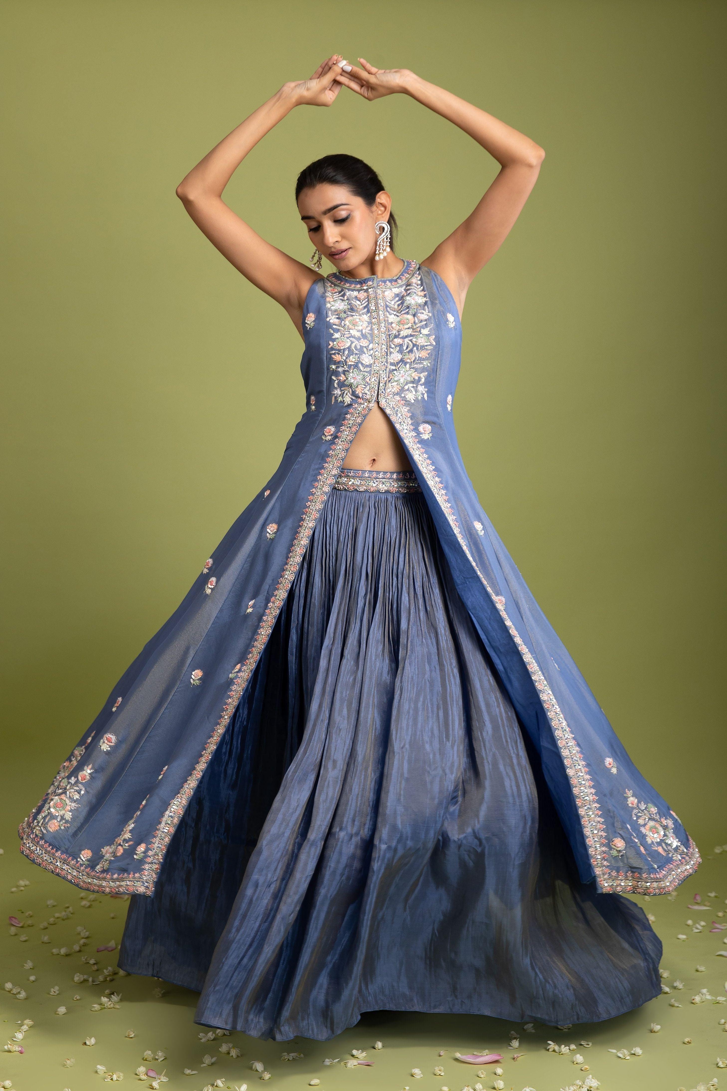 Blue Tissue Silk Indo-Western | Buy SALWAR Online Mokshaa Chennai Blue Tissue Silk Indo-Western | Buy SALWAR Online Mokshaa Chennai