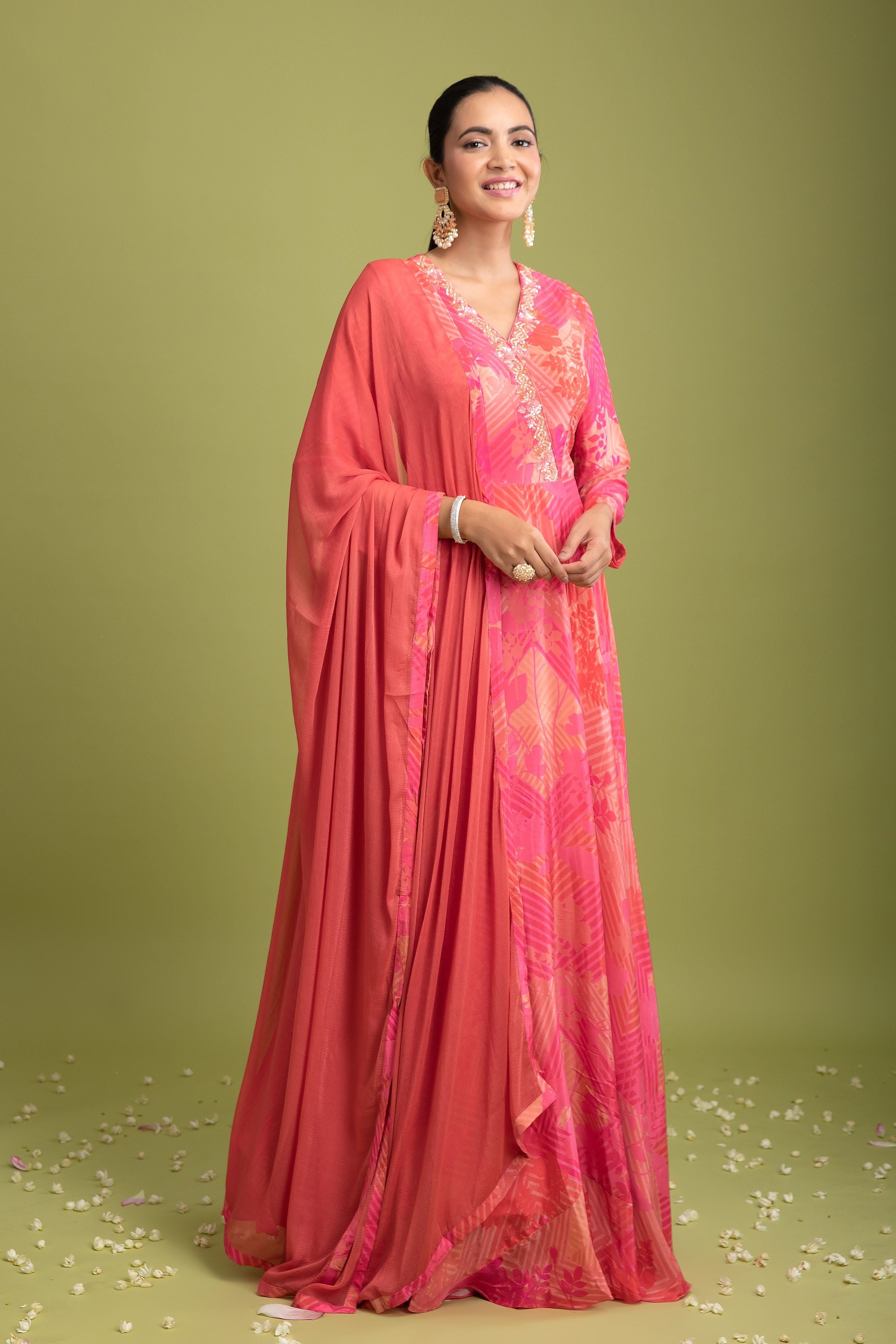 Pink Satin Silk Printed Anarkali - Mokshaa