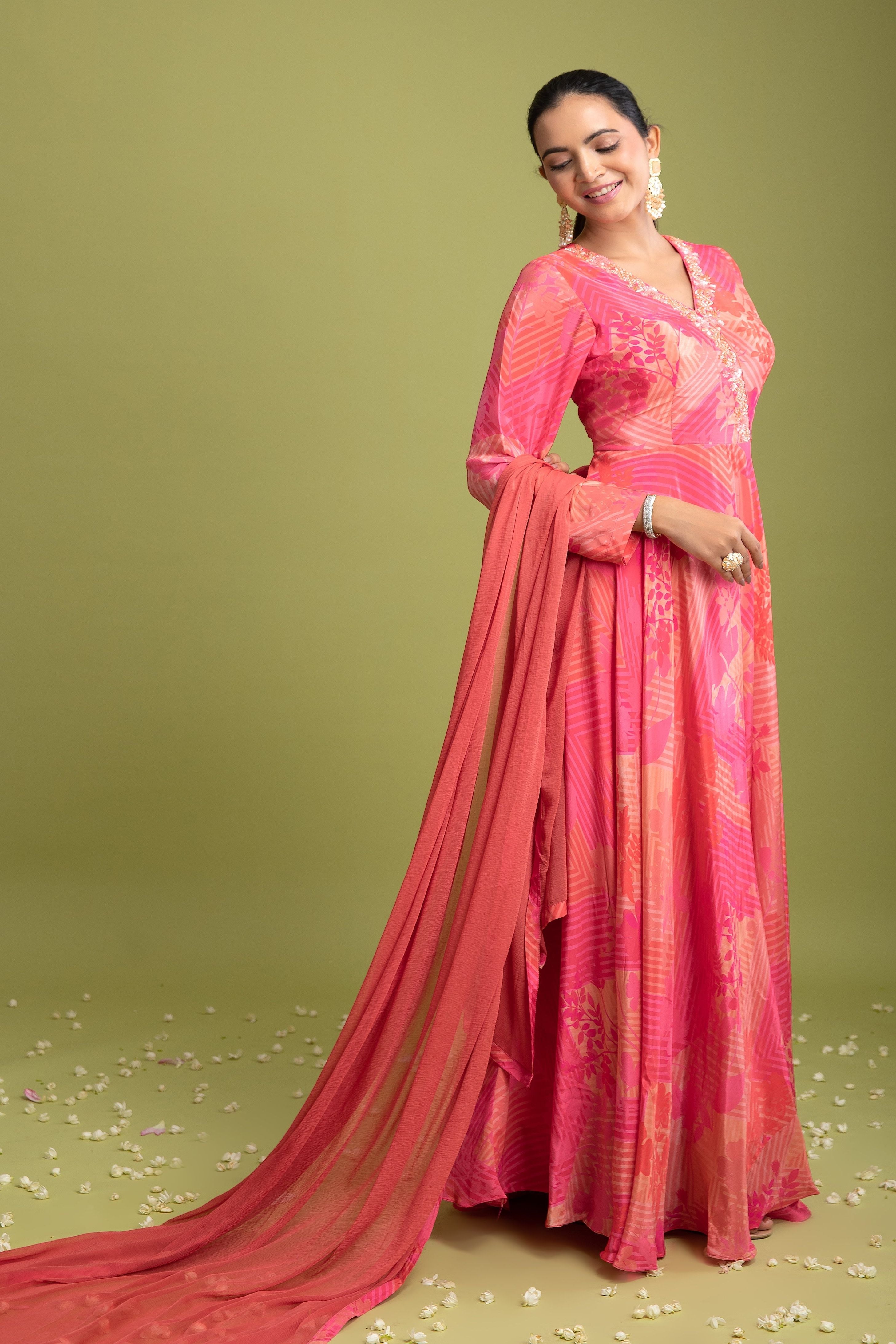 Pink Satin Silk Printed Anarkali - Mokshaa