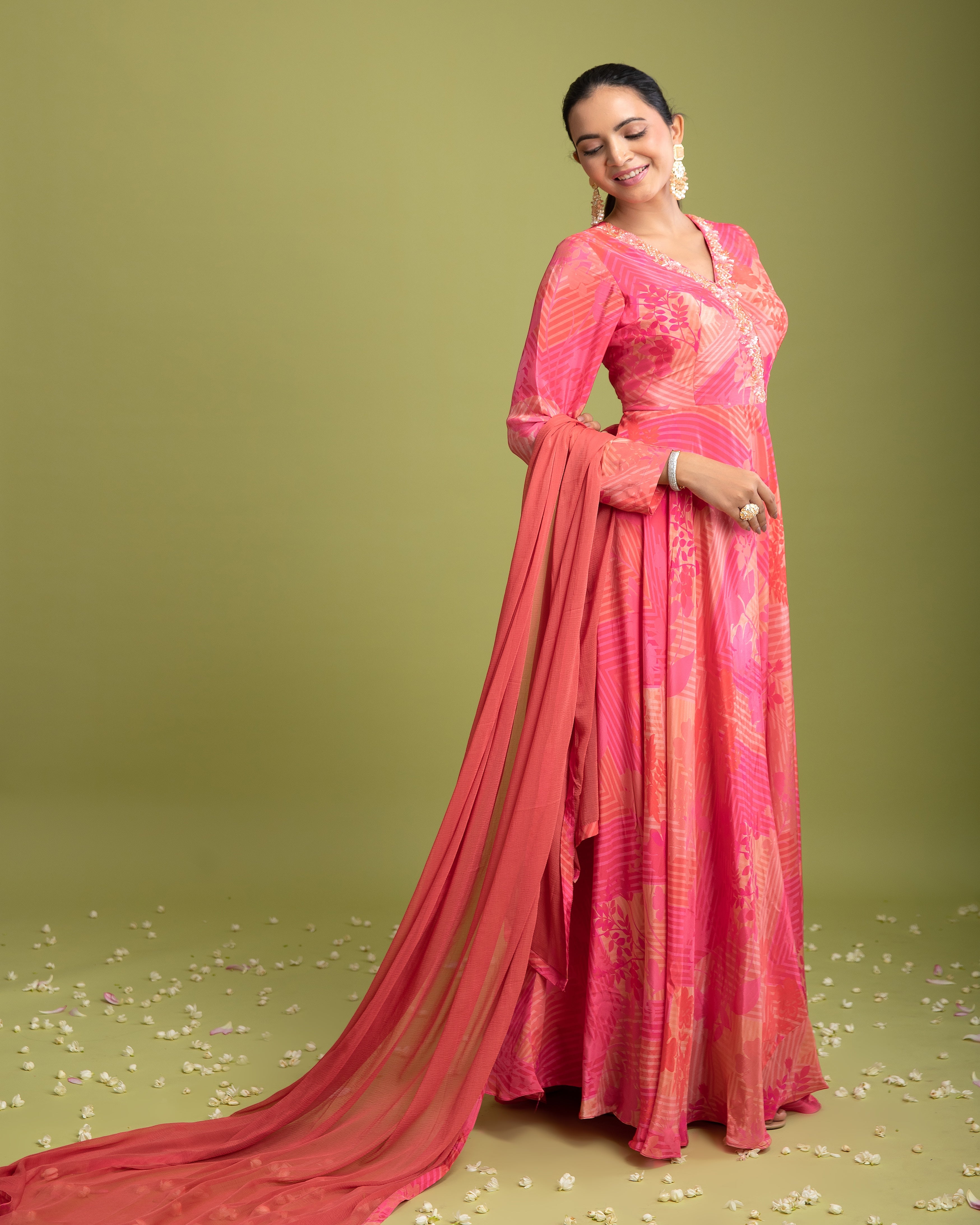 Pink Satin Silk Printed Anarkali - Mokshaa