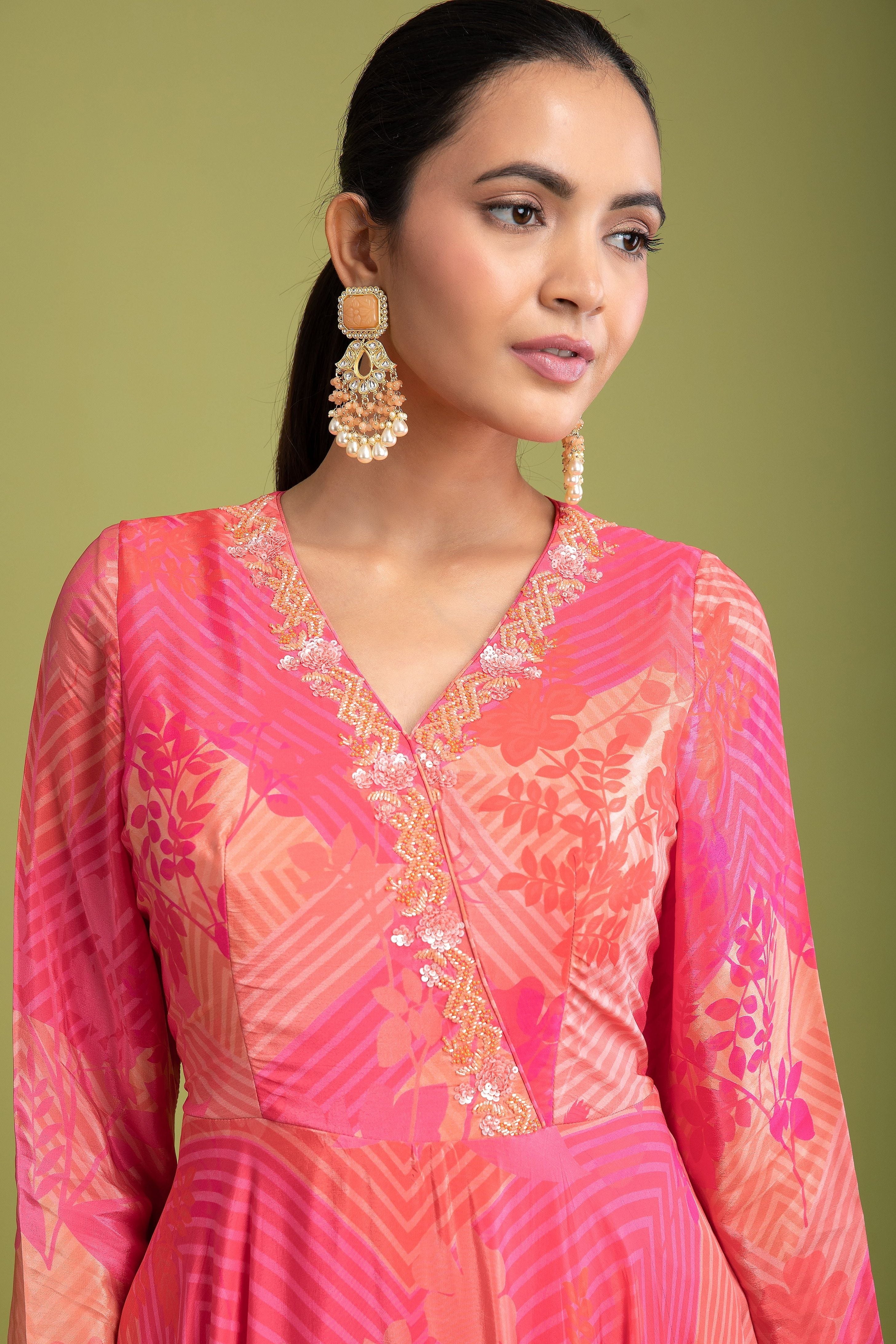 Pink Satin Silk Printed Anarkali - Mokshaa