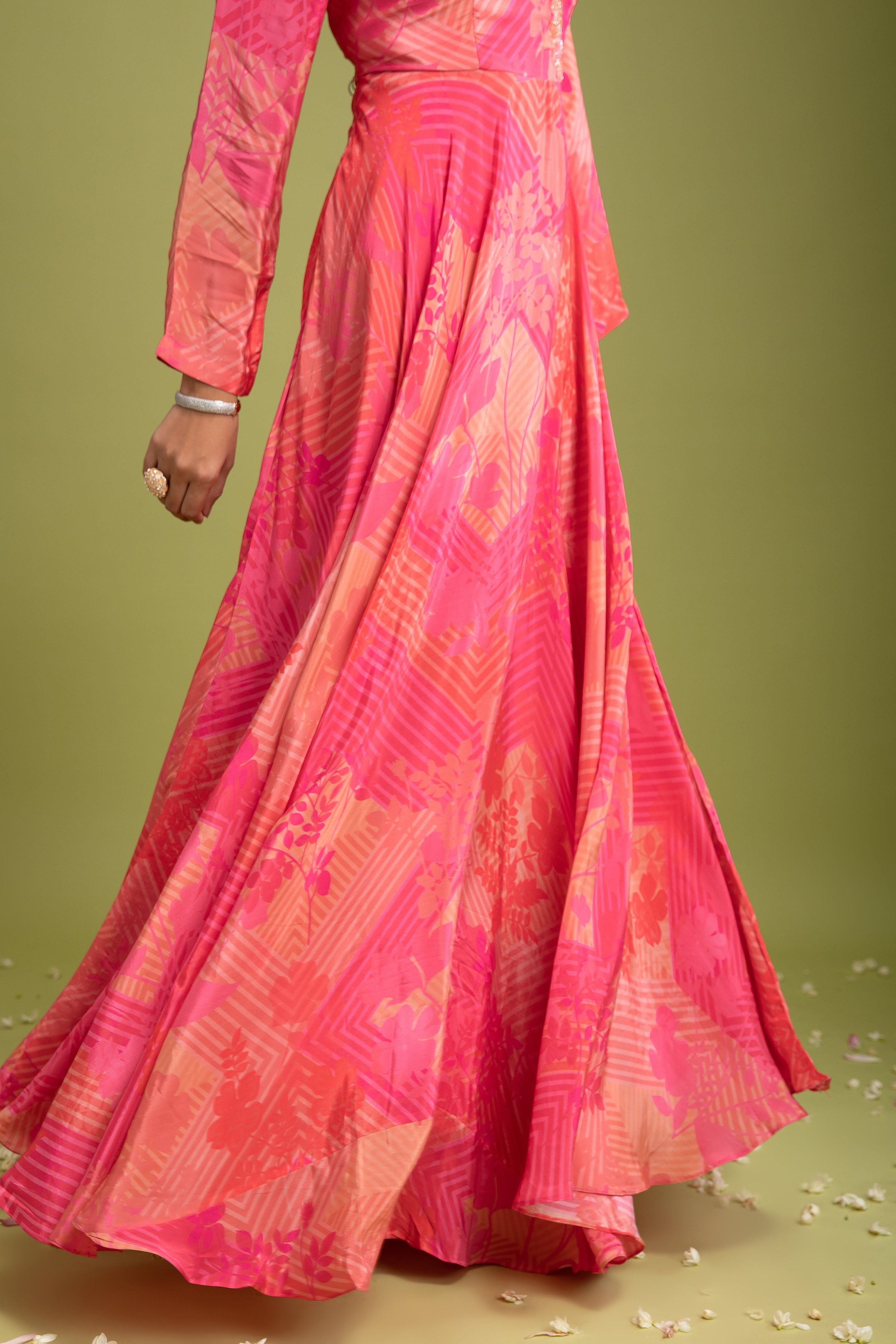 Pink Satin Silk Printed Anarkali - Mokshaa