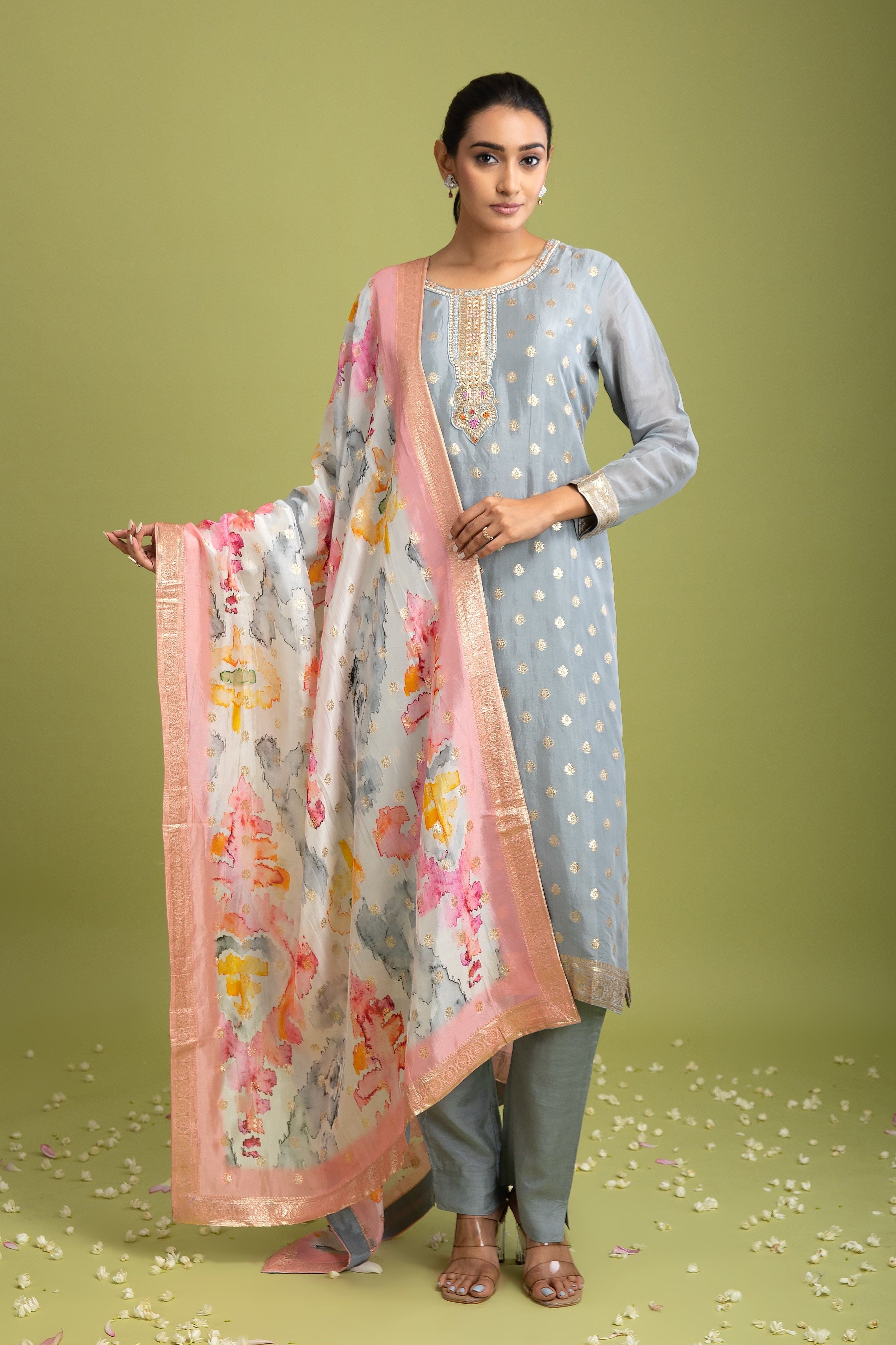 Grey Benrasi silk Kurta set - Mokshaa