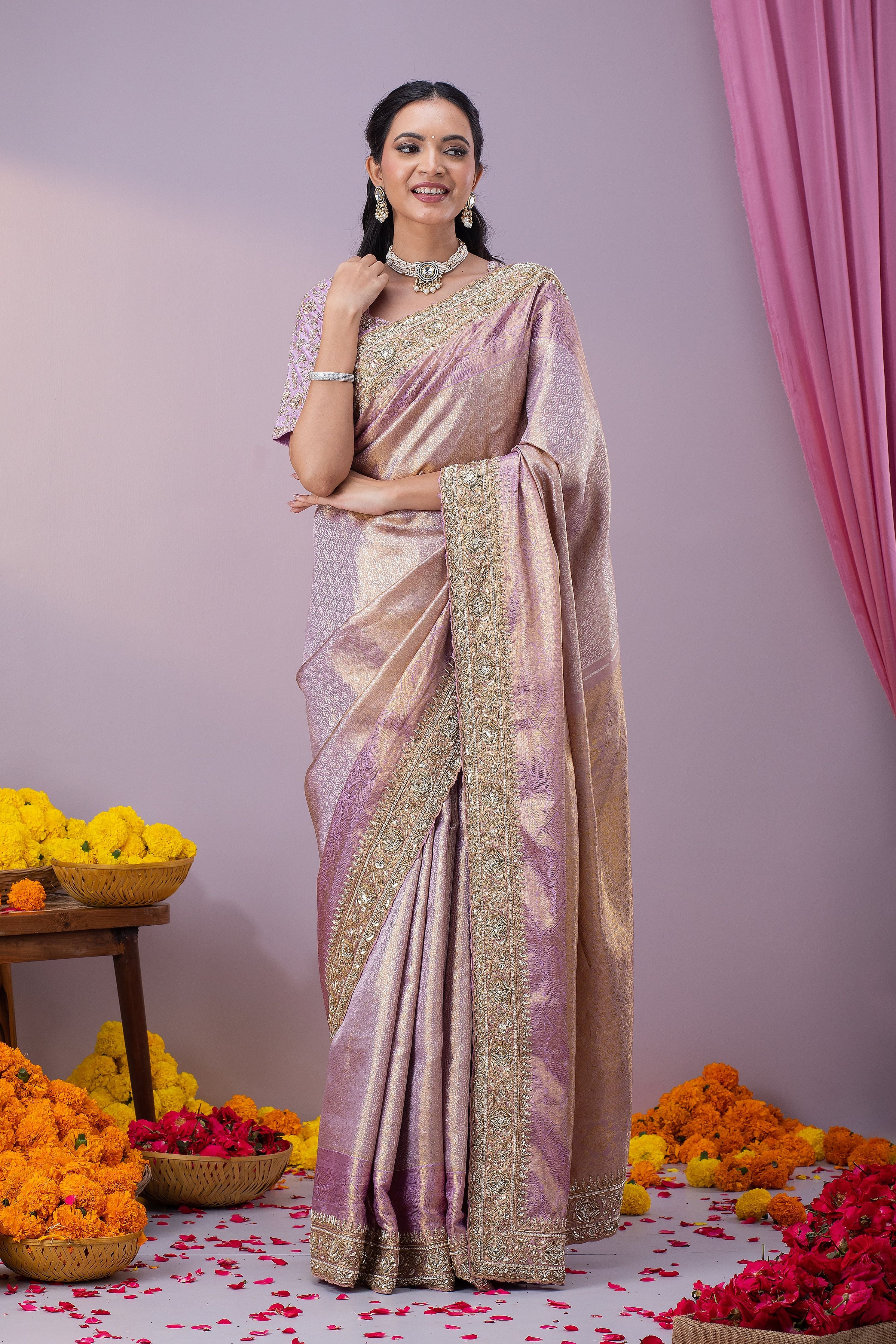 Light Purple Kanchipuram Tissue Silk Saree - Mokshaa