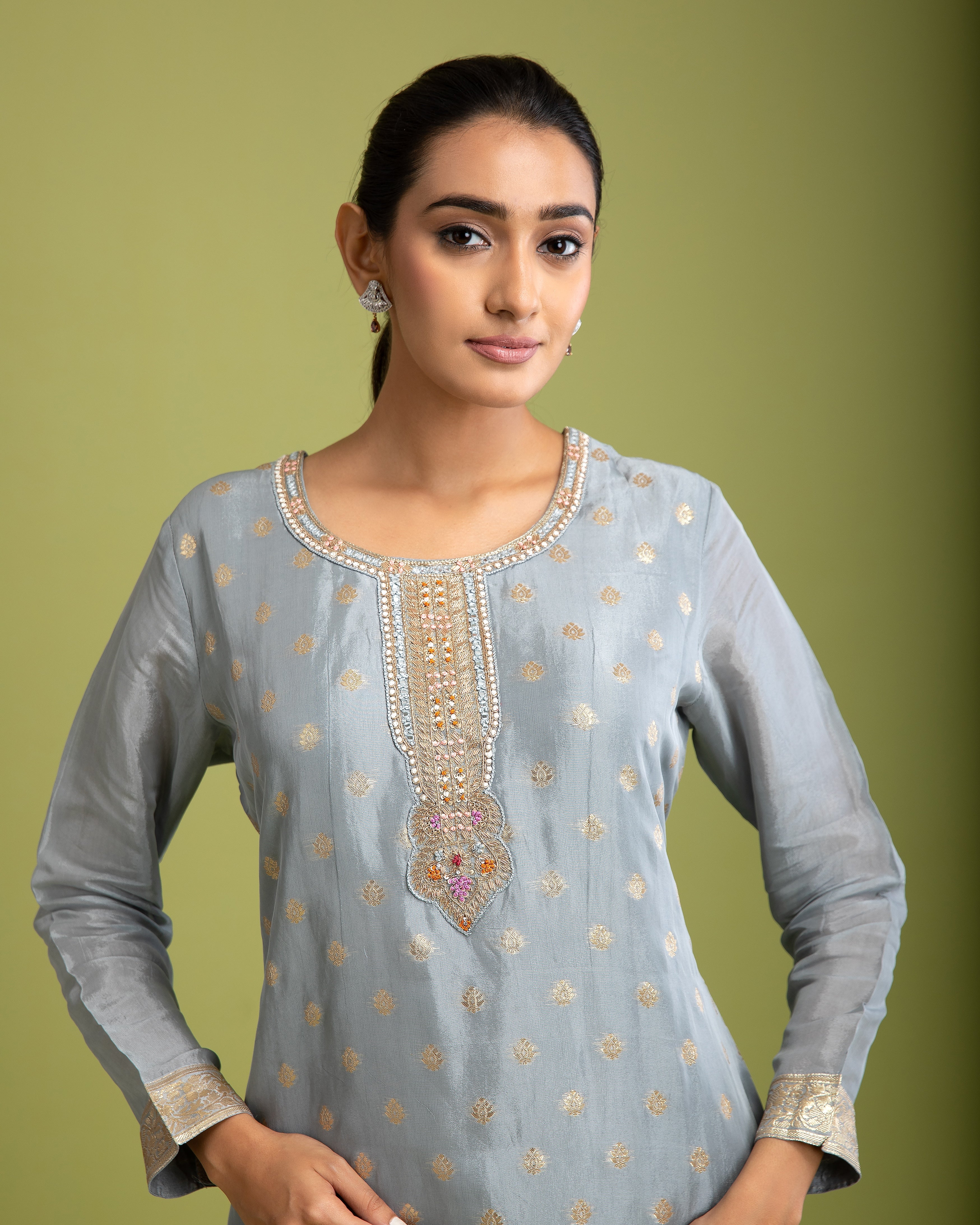 Grey Benrasi silk Kurta set - Mokshaa