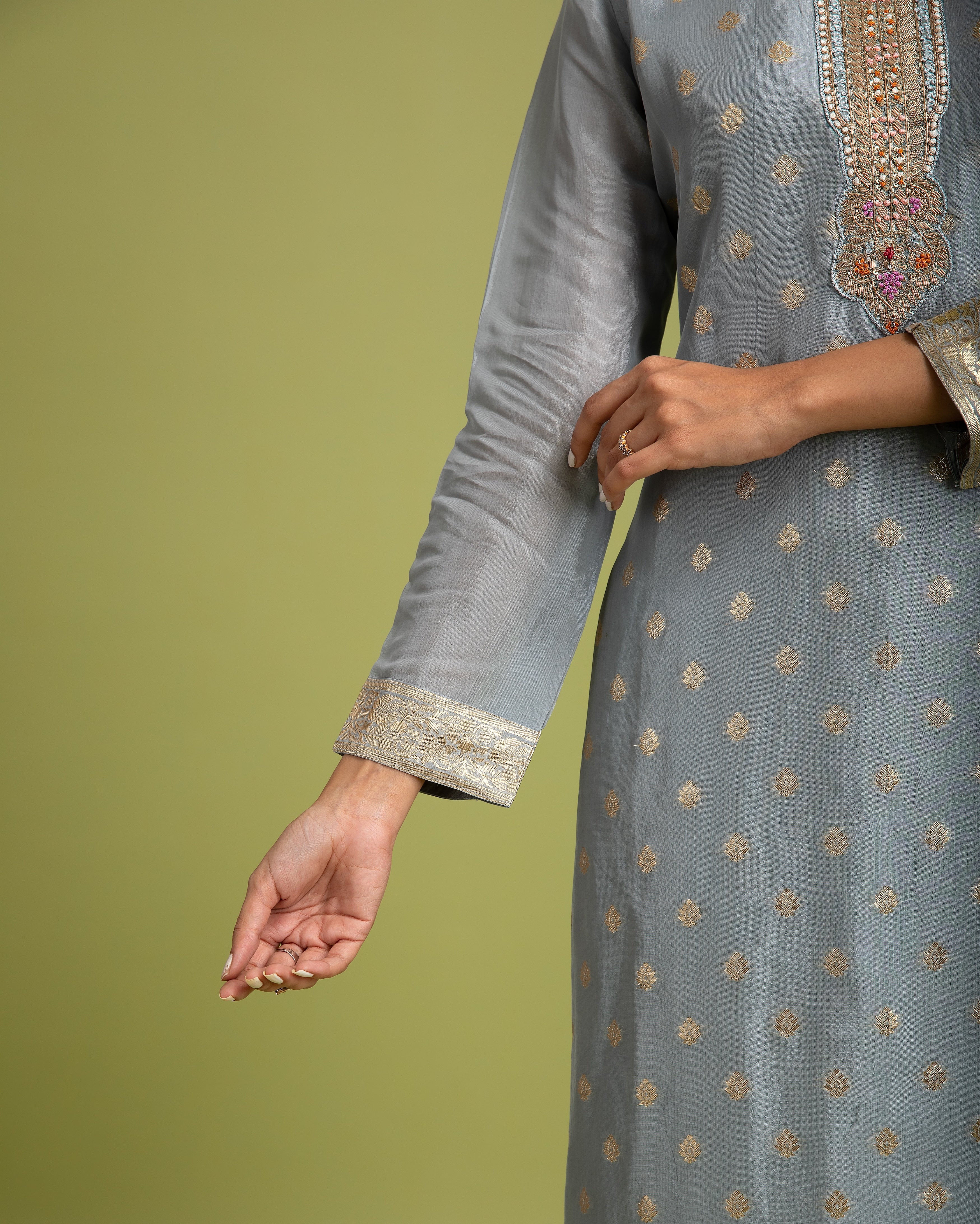 Grey Benrasi silk Kurta set - Mokshaa