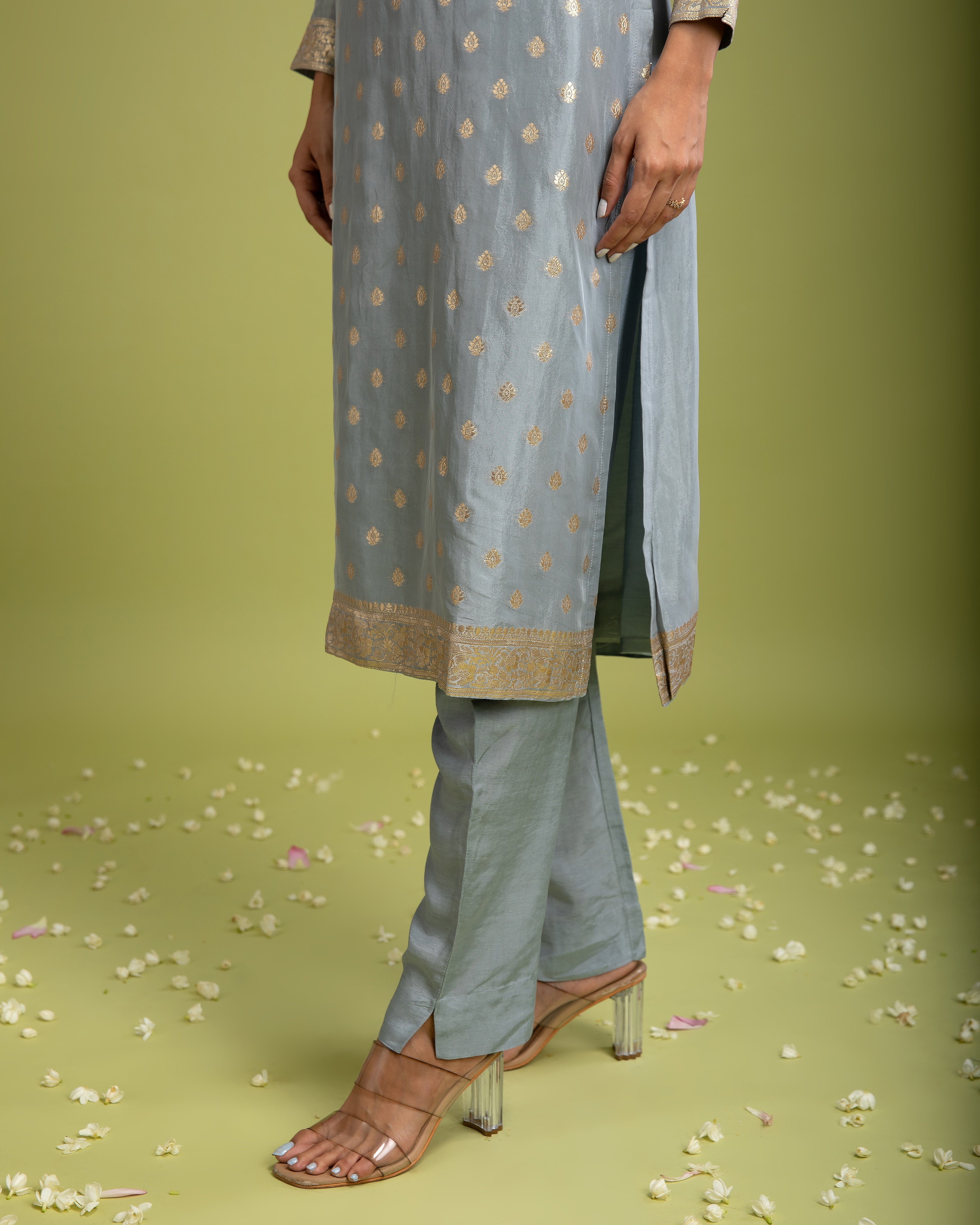 Grey Benrasi silk Kurta set - Mokshaa