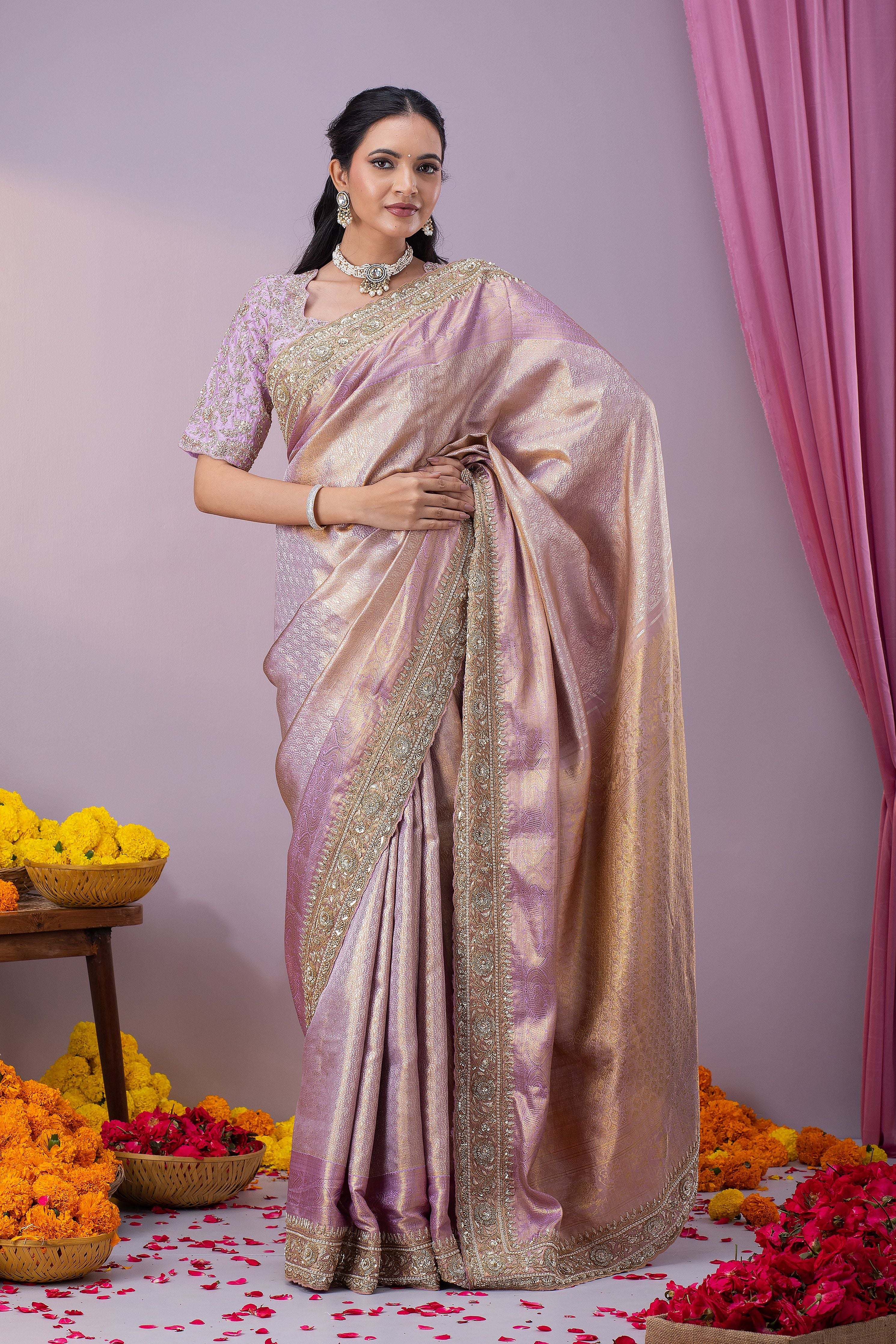 Light Purple Kanchipuram Tissue Silk Saree - Mokshaa