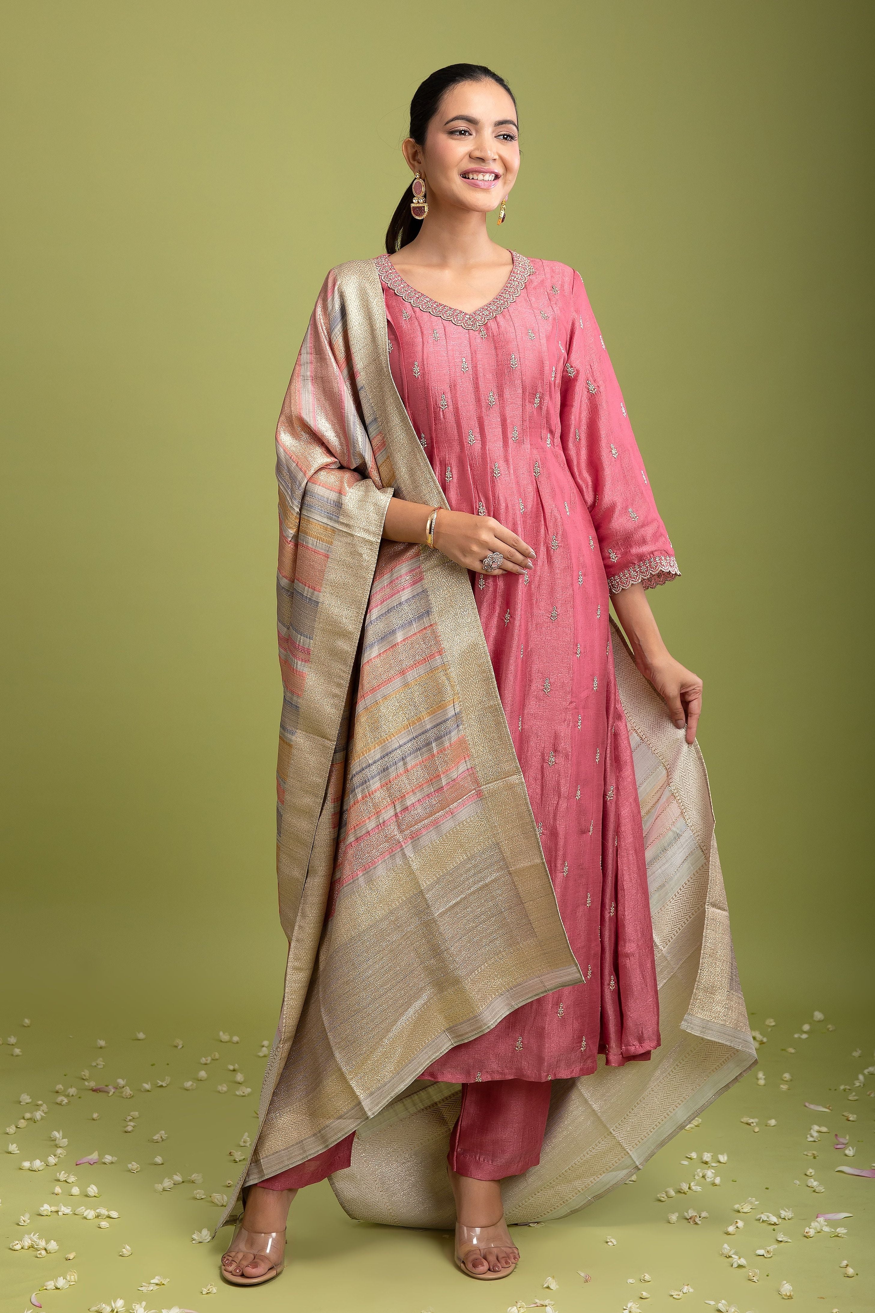 Peach Pink Silk Anarkali set - Mokshaa